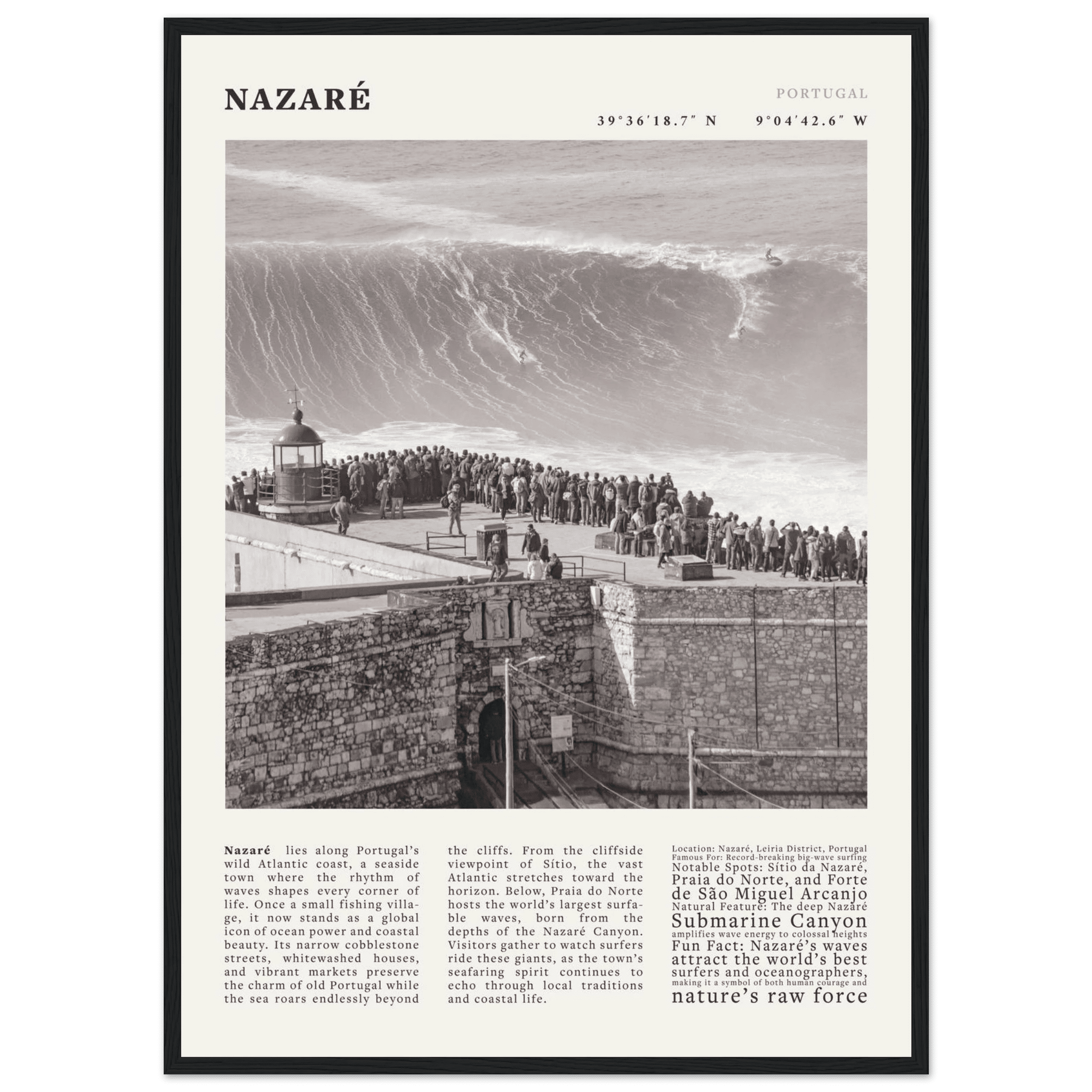 Nazaré Portugal Poster Black and White – Vintage Big Waves Surf Print (Digital & Printed Options) - Evergreen Posters
