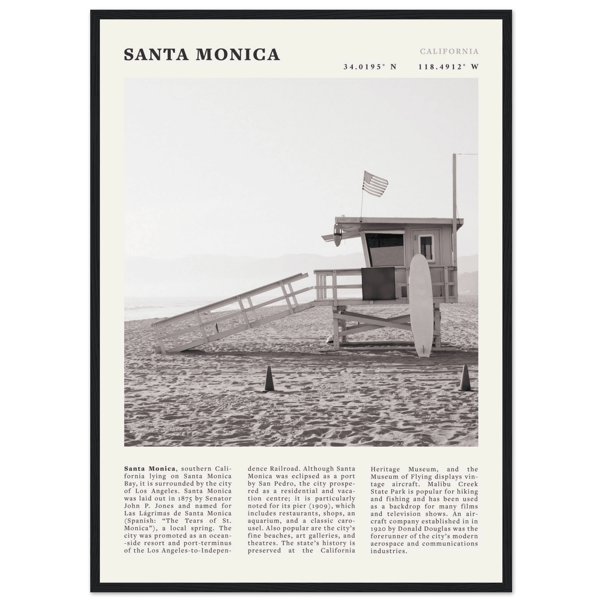 Santa Monica Poster | Black & White California Wall Art | Beach Travel Print | Coastal Decor - Evergreen Posters