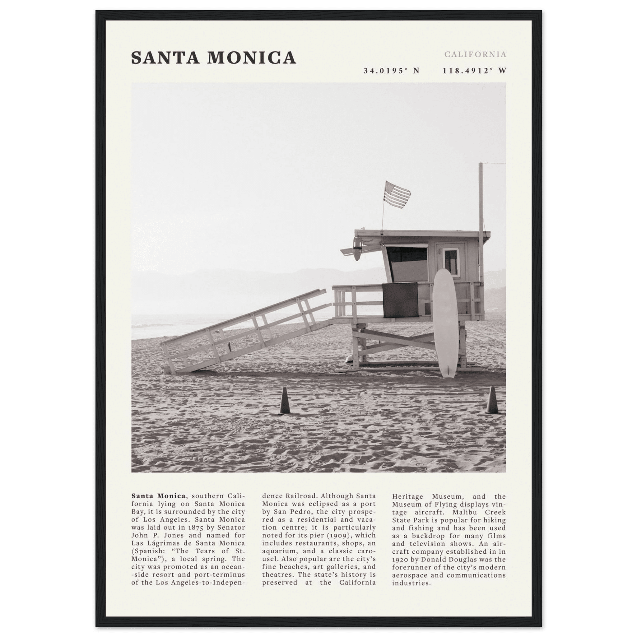 Santa Monica Poster | Black & White California Wall Art | Beach Travel Print | Coastal Decor - Evergreen Posters