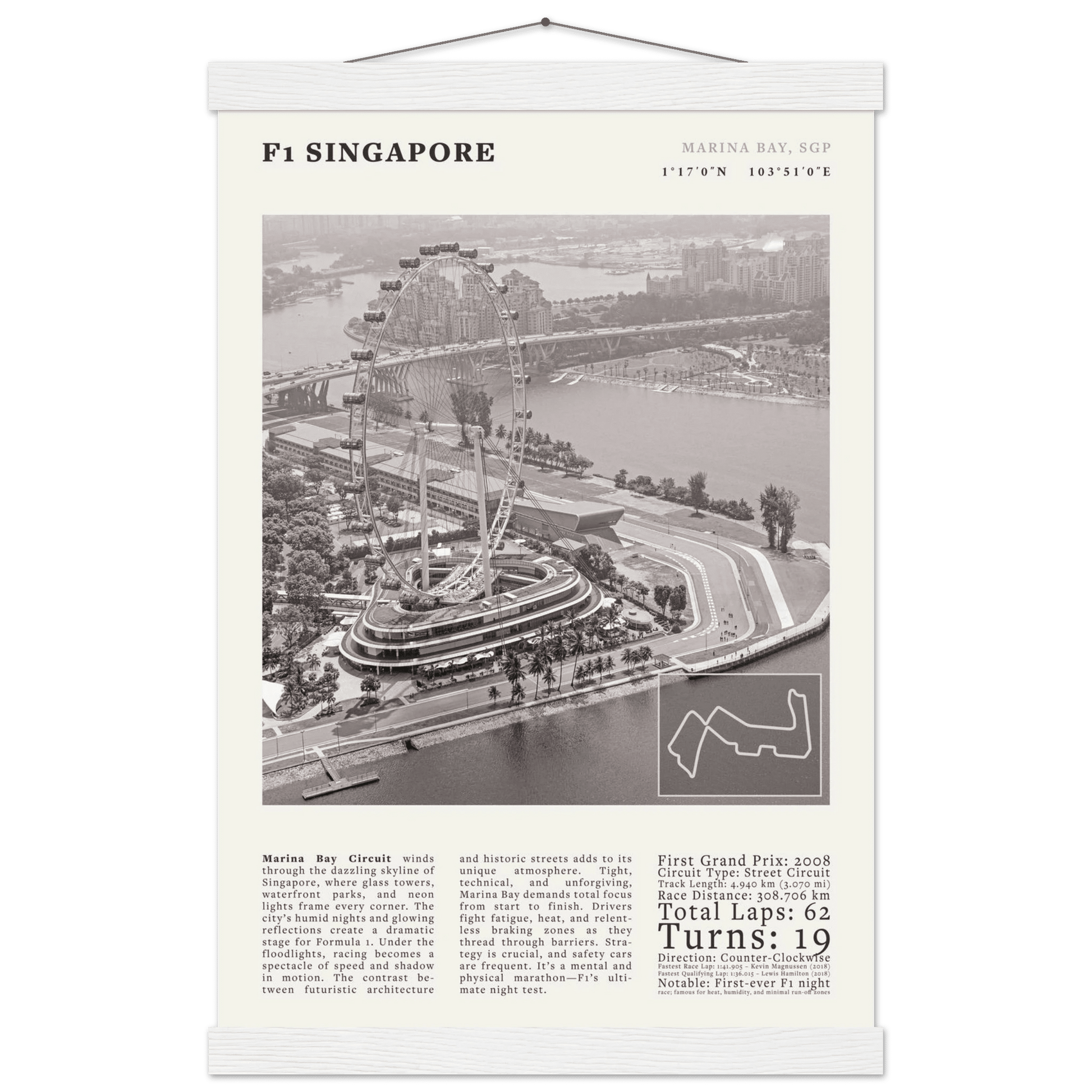 F1 Singapore Poster Black and White – Vintage Marina Bay Night Race Print (Digital & Printed Options) - Evergreen Posters