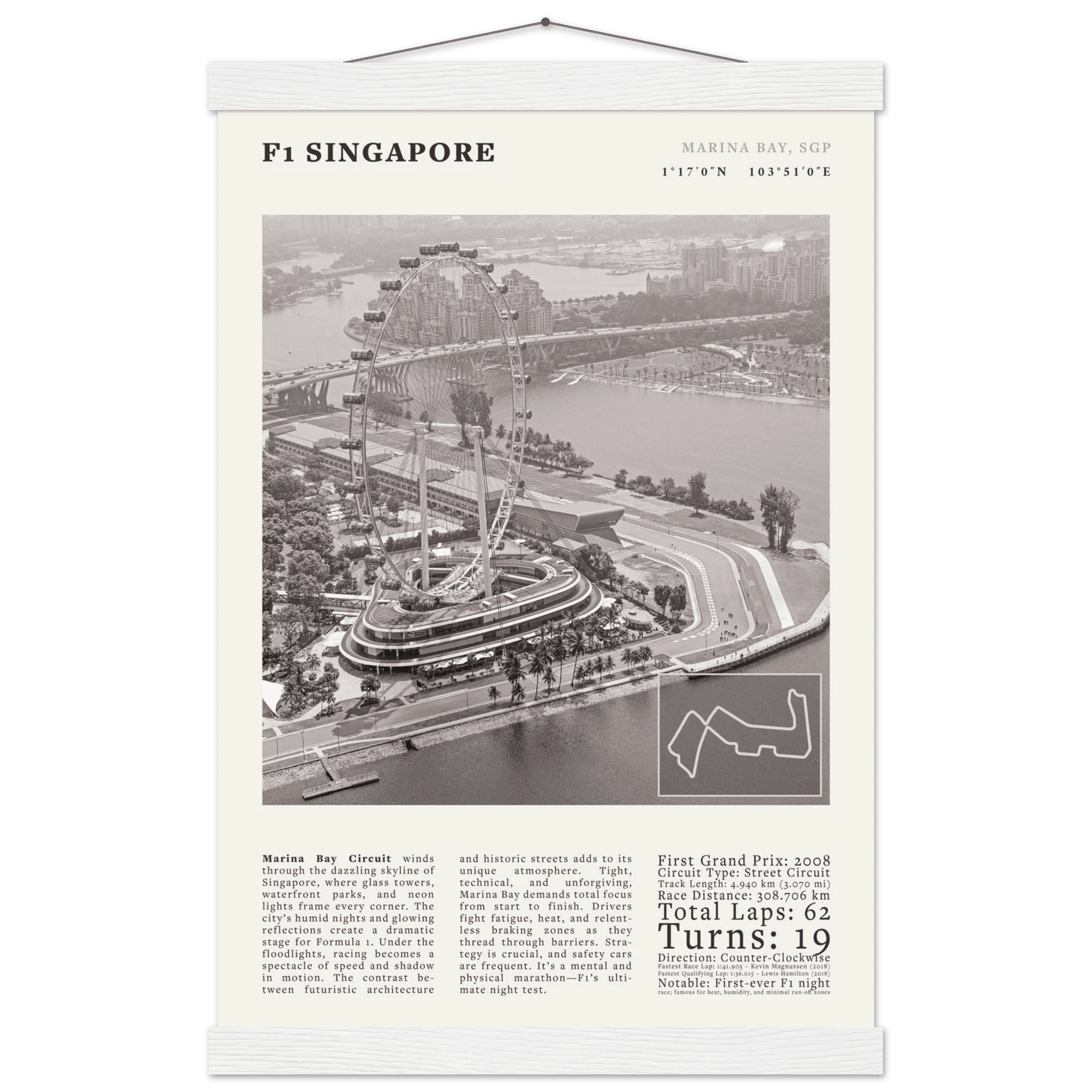 F1 Singapore Poster Black and White – Vintage Marina Bay Night Race Print (Digital & Printed Options) - Evergreen Posters