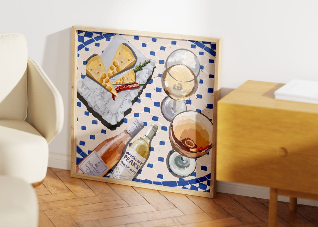 Wine & Cheese Poster | Food Wall Art | Blue Tile Square Kitchen Print - Evergreen Posters - 1