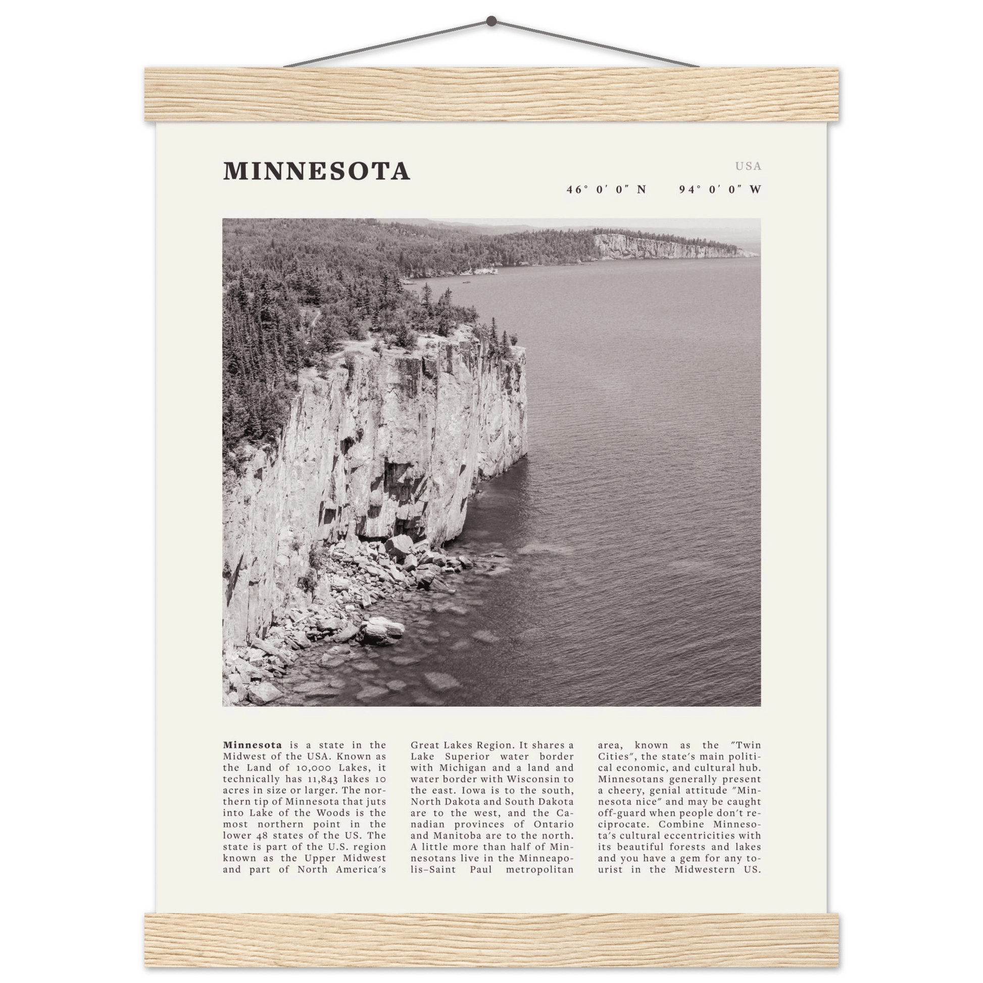 Minnesota Poster | Black & White Lake Superior Wall Art | USA Nature Travel Print - Evergreen Posters