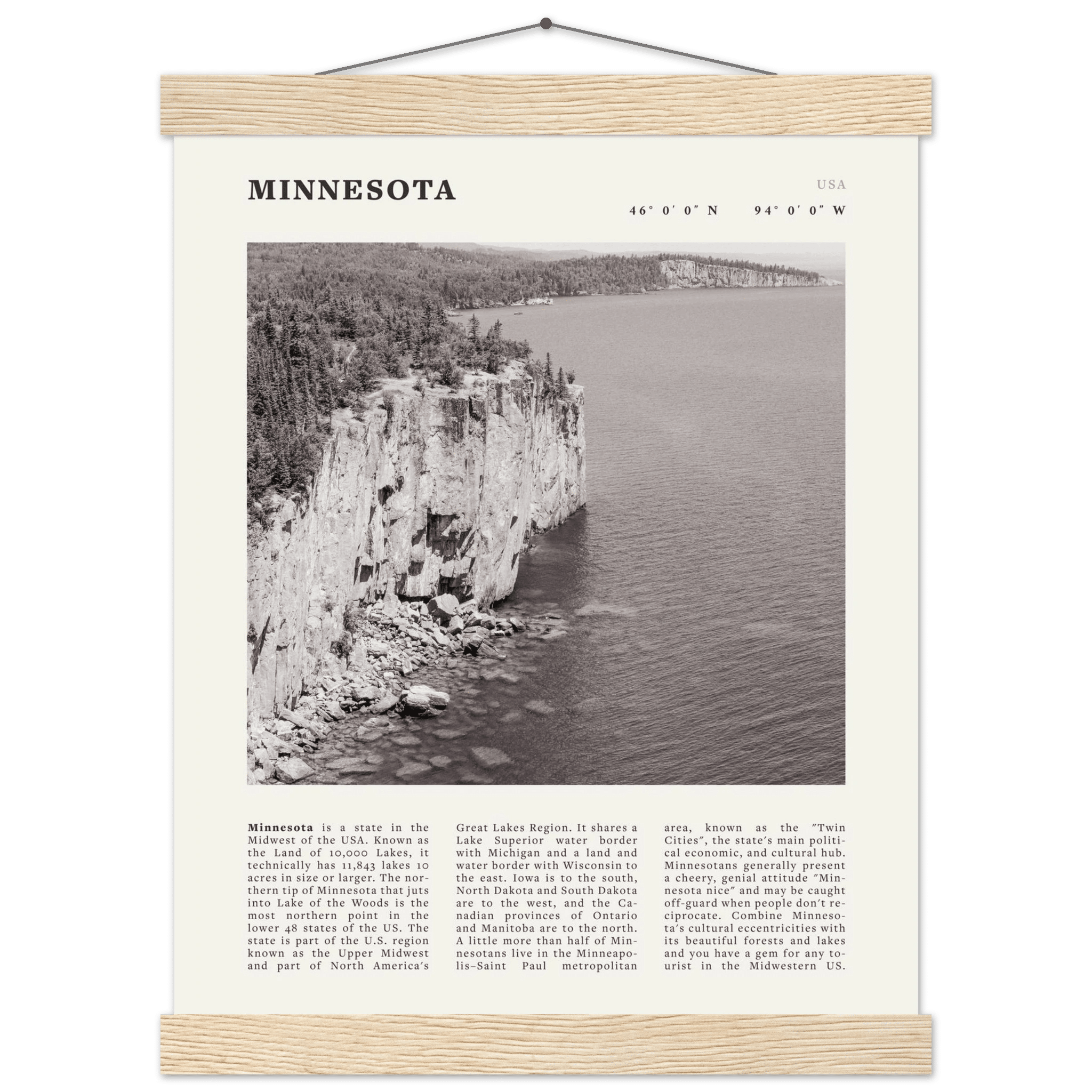 Minnesota Poster | Black & White Lake Superior Wall Art | USA Nature Travel Print - Evergreen Posters