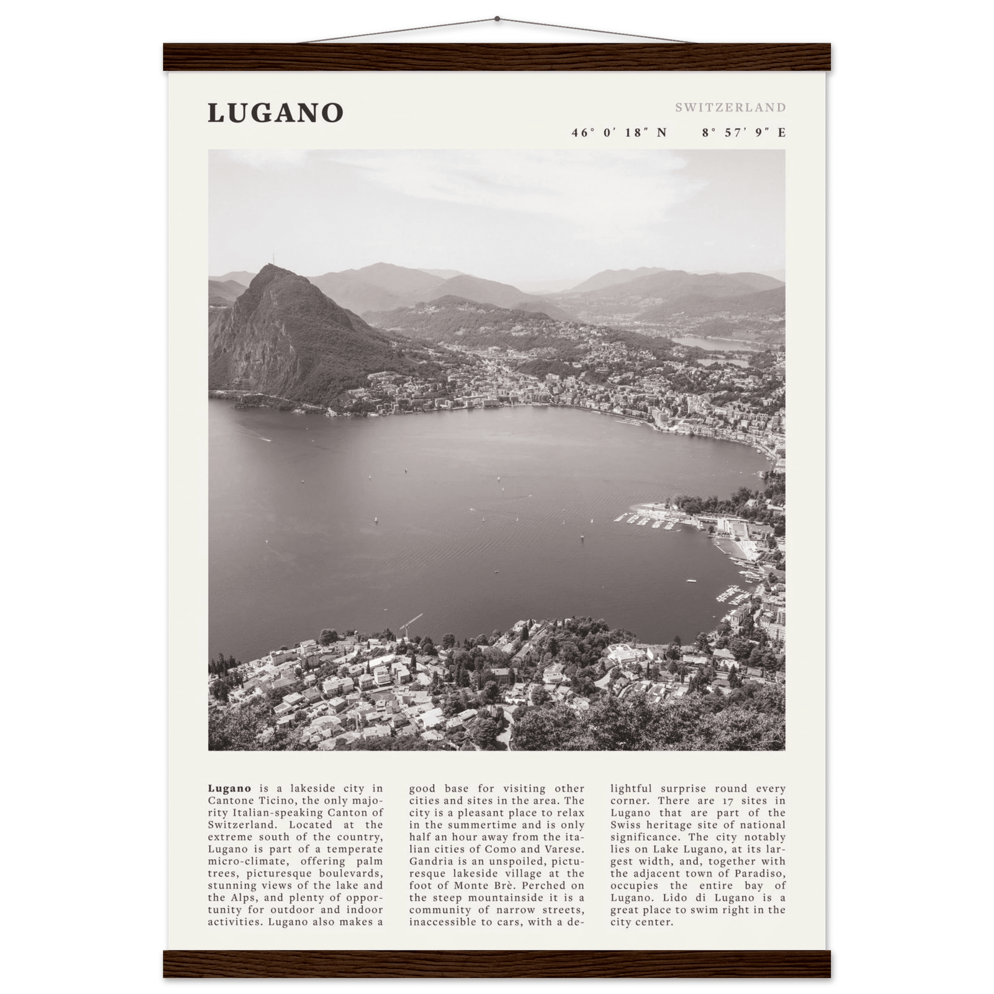 Lugano Poster | Black & White Swiss Lake Wall Art | Switzerland Travel Print - Evergreen Posters