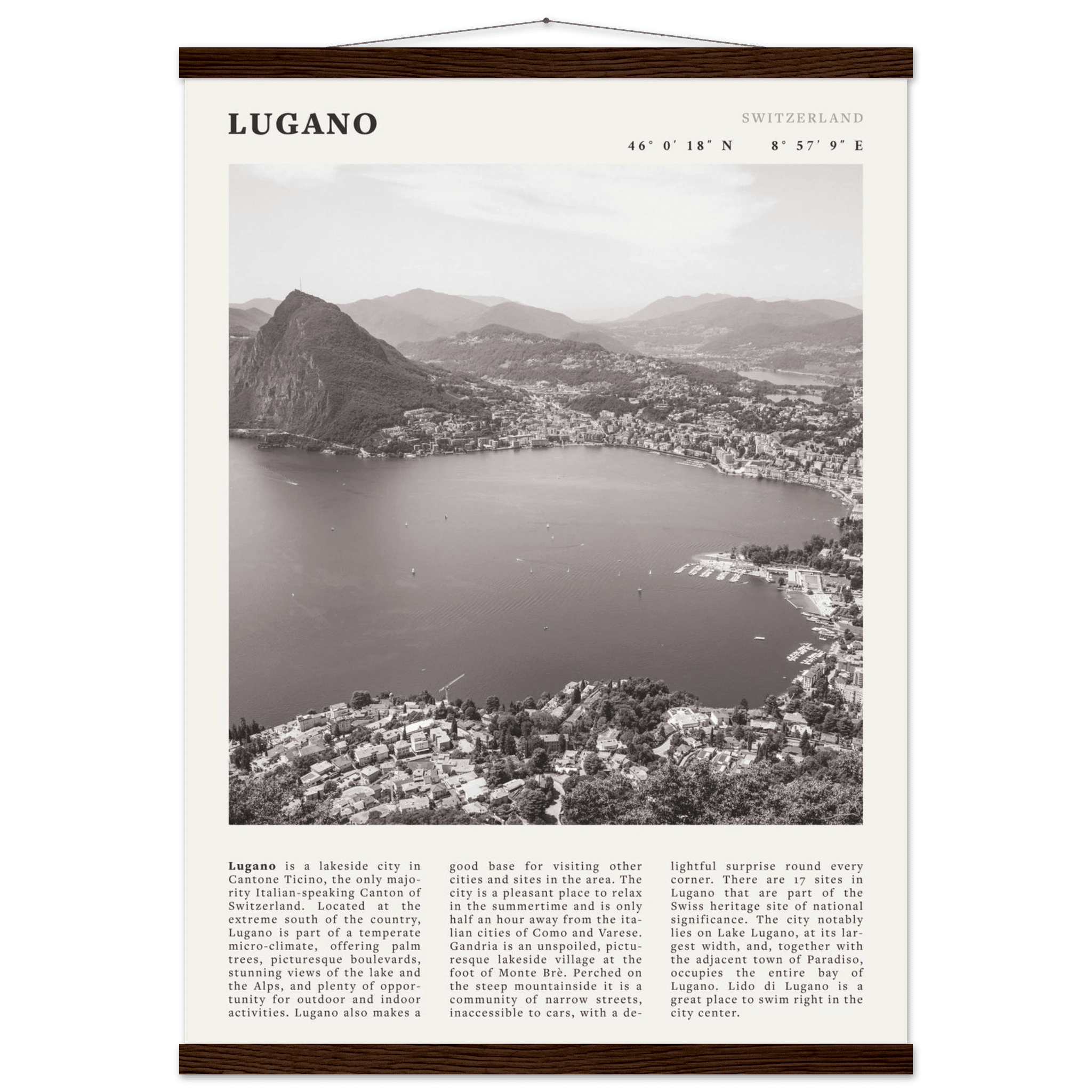 Lugano Poster | Black & White Swiss Lake Wall Art | Switzerland Travel Print - Evergreen Posters