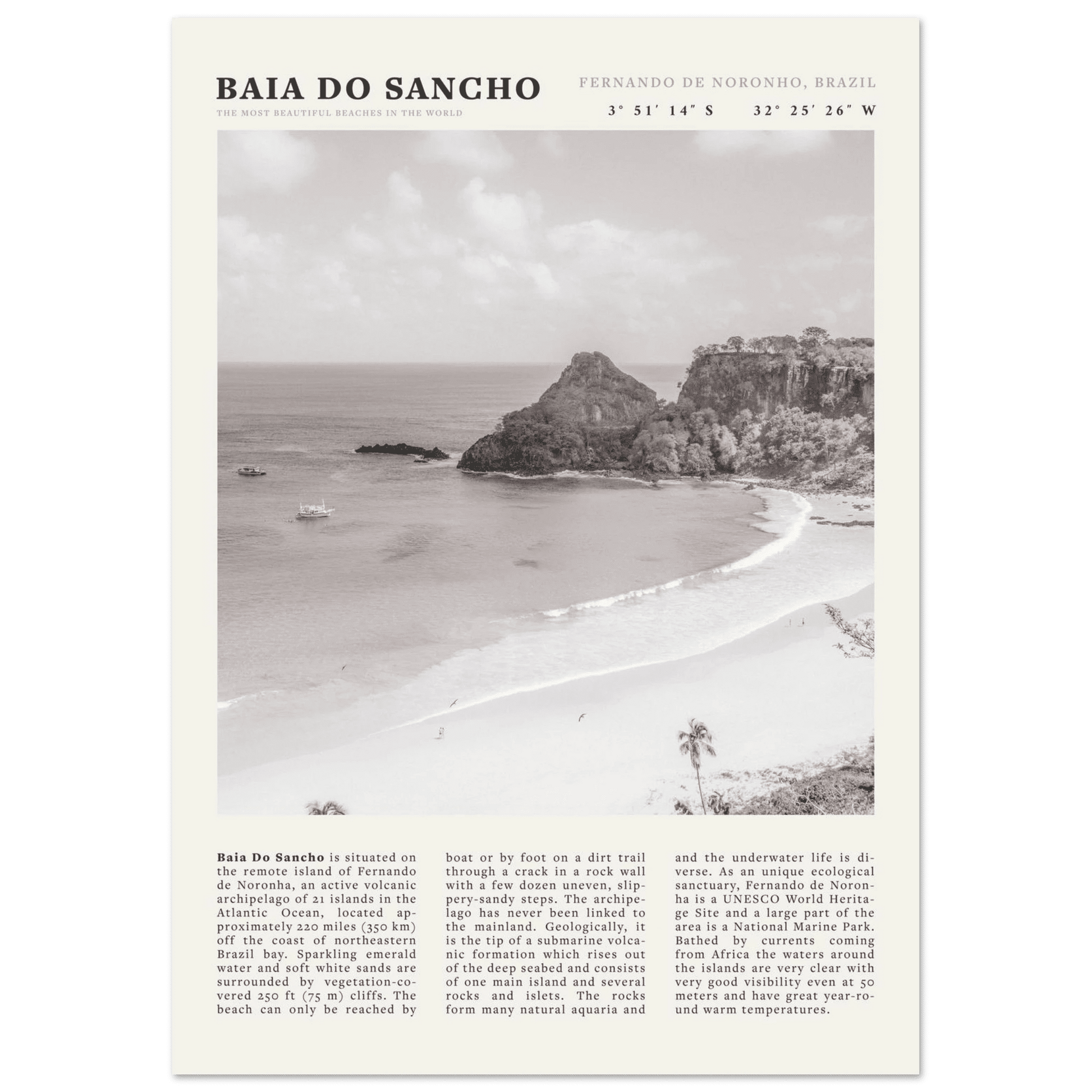 Baia Do Sancho Poster | Black & White Brazil Beach Wall Art | Fernando de Noronha - Evergreen Posters