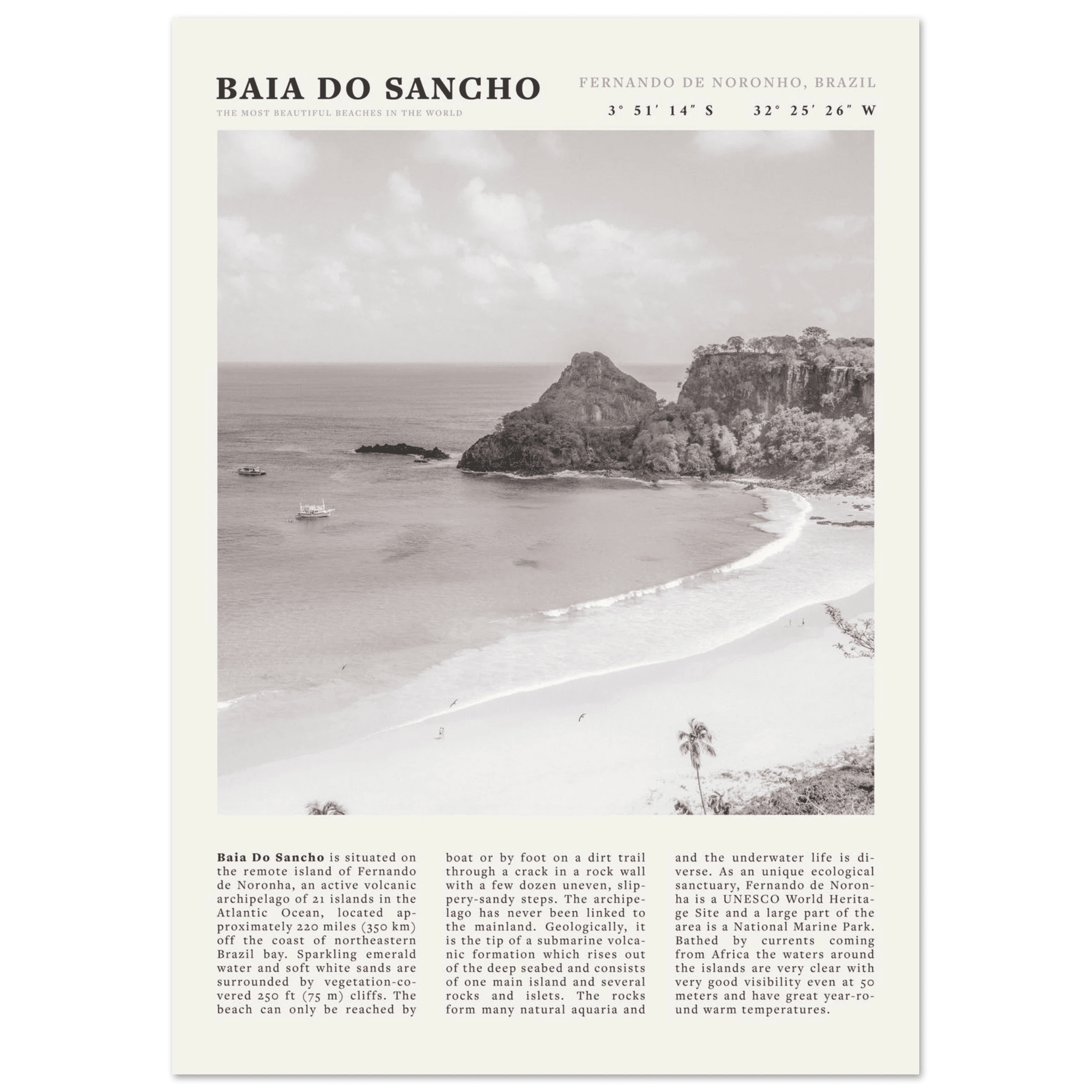 Baia Do Sancho Poster | Black & White Brazil Beach Wall Art | Fernando de Noronha - Evergreen Posters