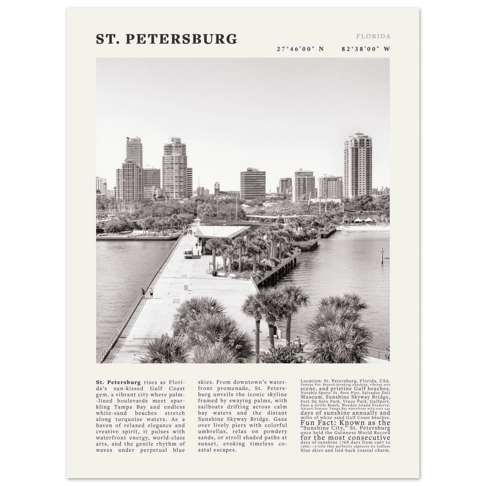St. Petersburg Florida Poster Black and White – Vintage St Pete Skyline Print (Digital & Printed Options) - Evergreen Posters