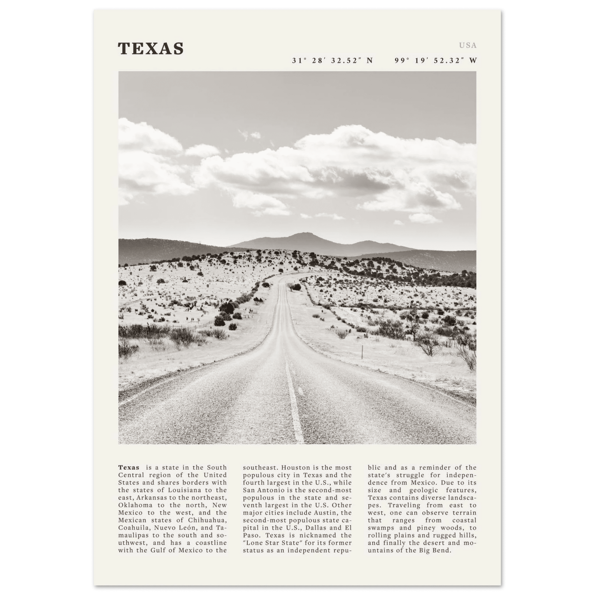 Texas Poster | Black & White Lone Star Road Wall Art | USA Travel Print Decor - Evergreen Posters