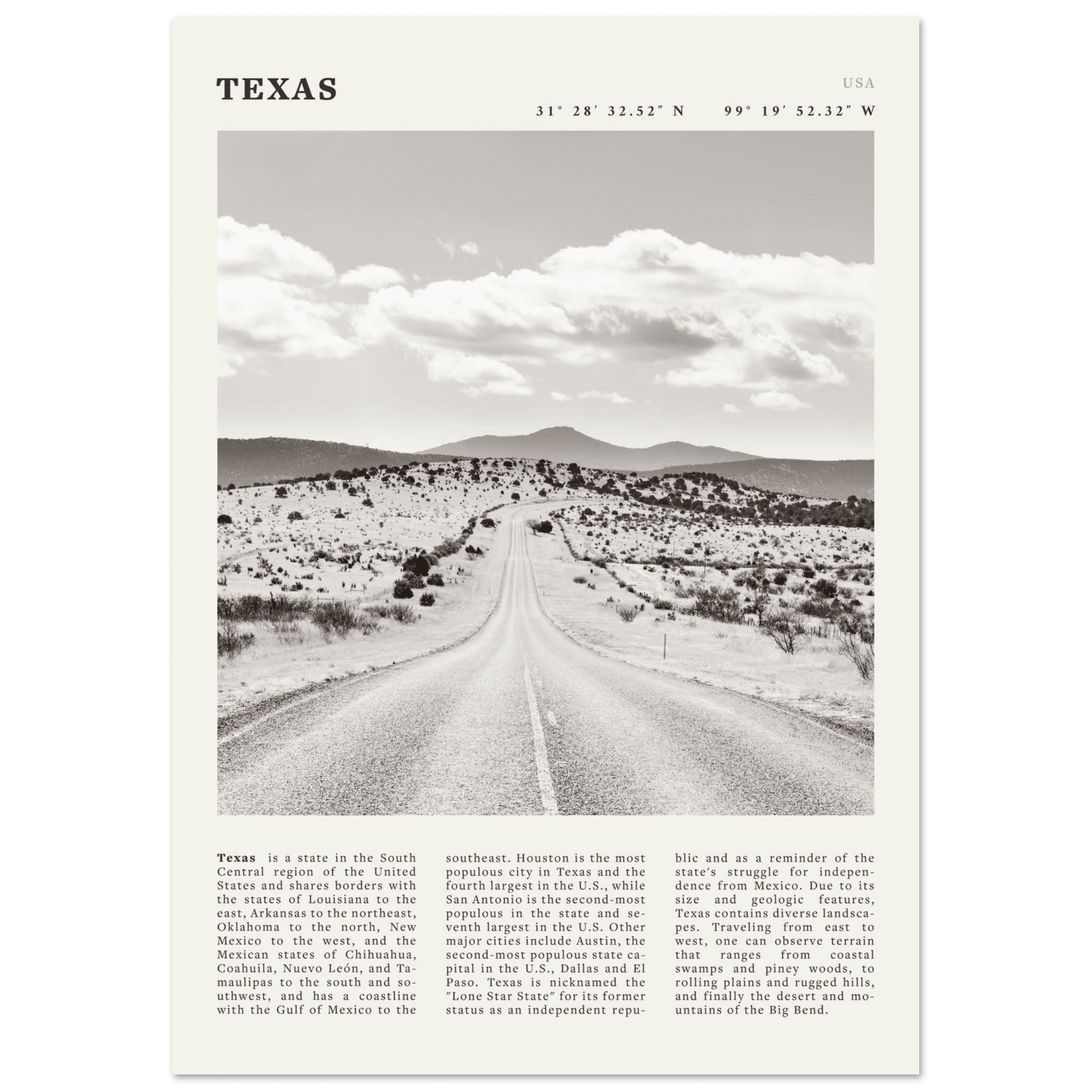Texas Poster | Black & White Lone Star Road Wall Art | USA Travel Print Decor - Evergreen Posters