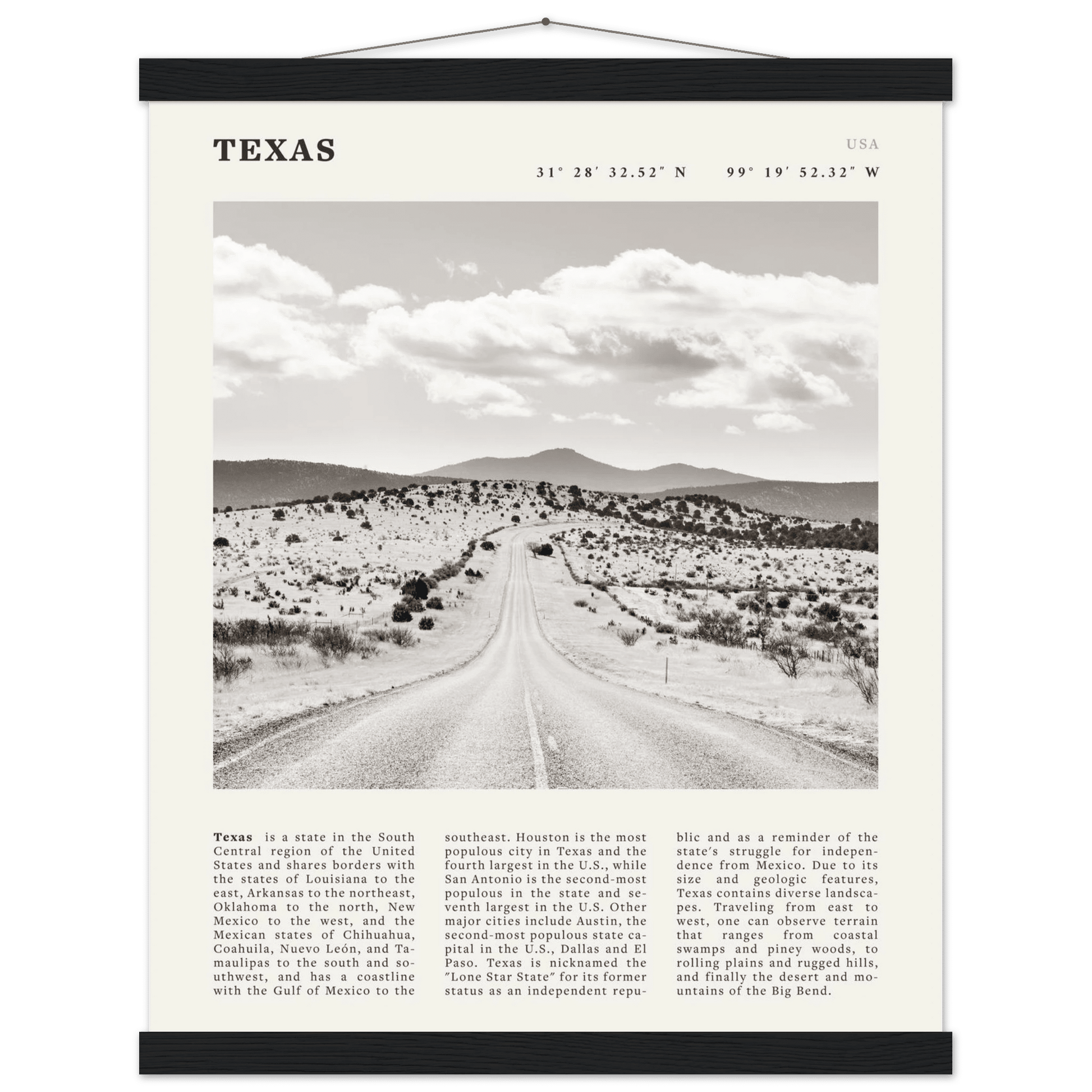 Texas Poster | Black & White Lone Star Road Wall Art | USA Travel Print Decor - Evergreen Posters