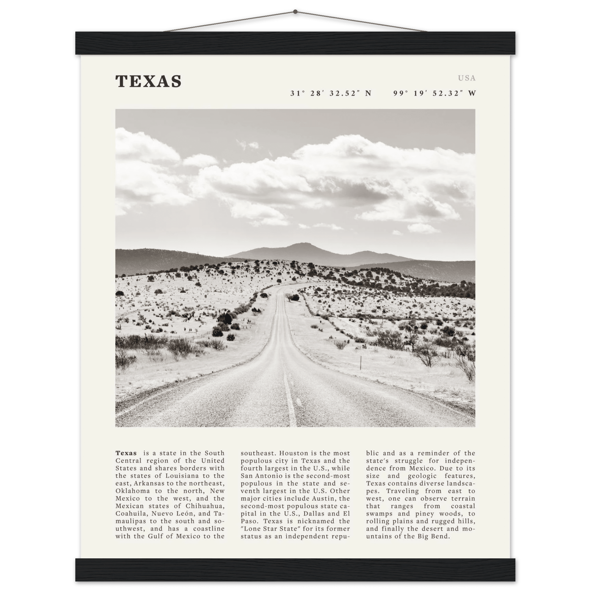 Texas Poster | Black & White Lone Star Road Wall Art | USA Travel Print Decor - Evergreen Posters
