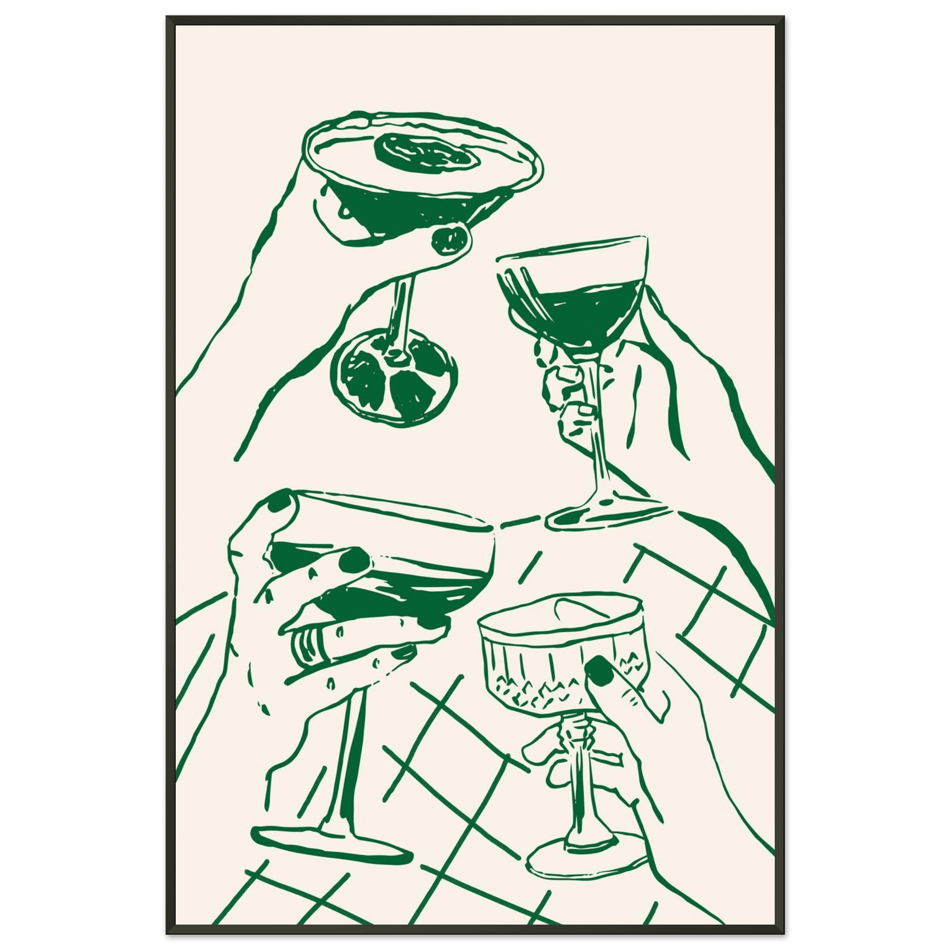 Cheers Print | Forest Green Cocktail Glasses Wall Art | Kitchen Bar Poster - Evergreen Posters