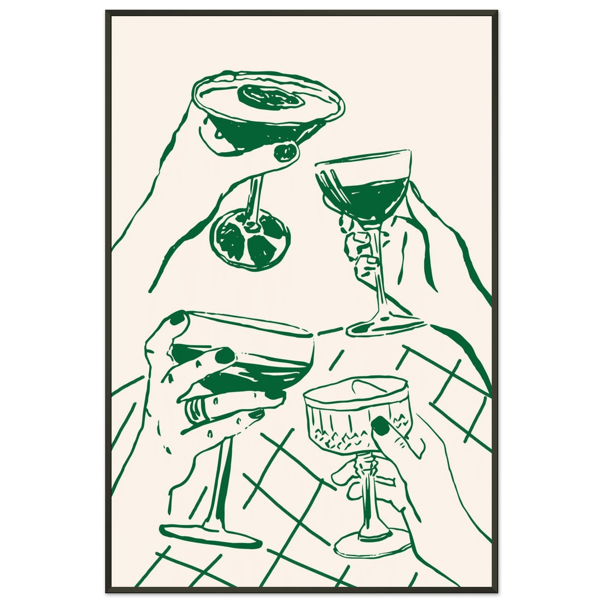 Cheers Print | Forest Green Cocktail Glasses Wall Art | Kitchen Bar Poster - Evergreen Posters