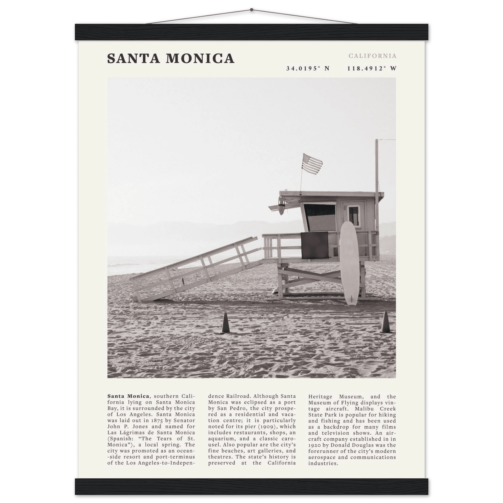 Santa Monica Poster | Black & White California Wall Art | Beach Travel Print | Coastal Decor - Evergreen Posters