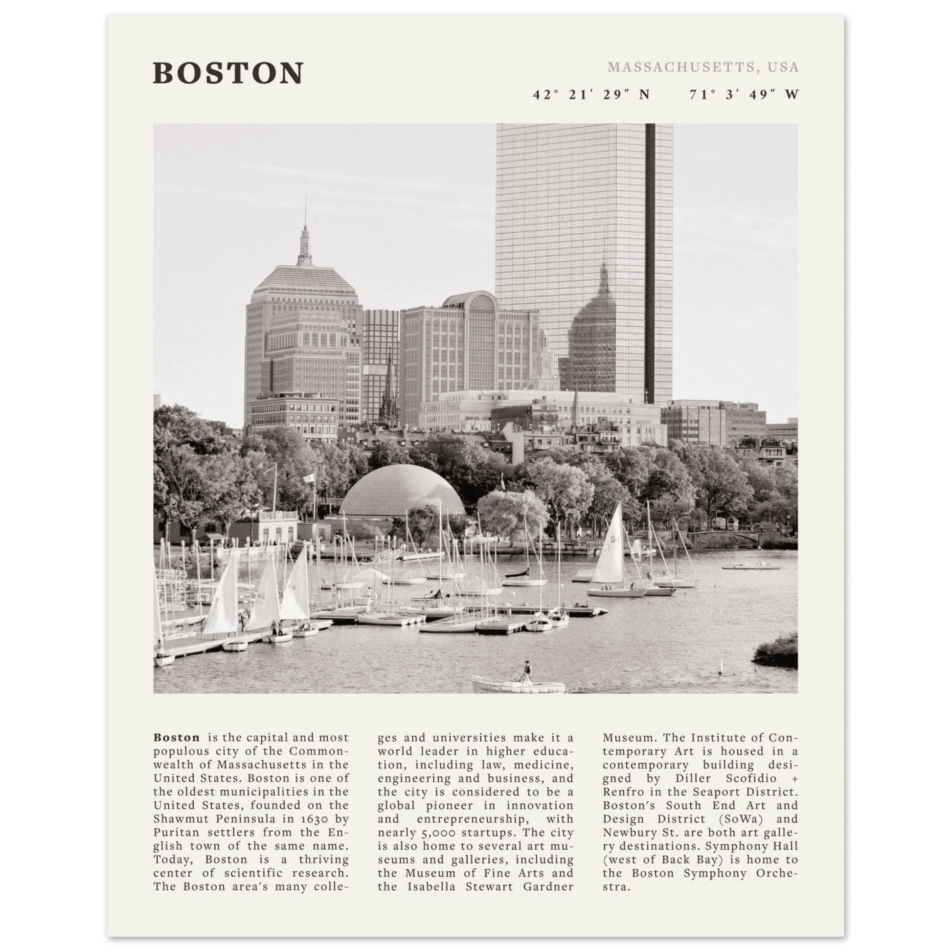 Boston Poster | Black & White Charles River Skyline Wall Art | Massachusetts Print - Evergreen Posters