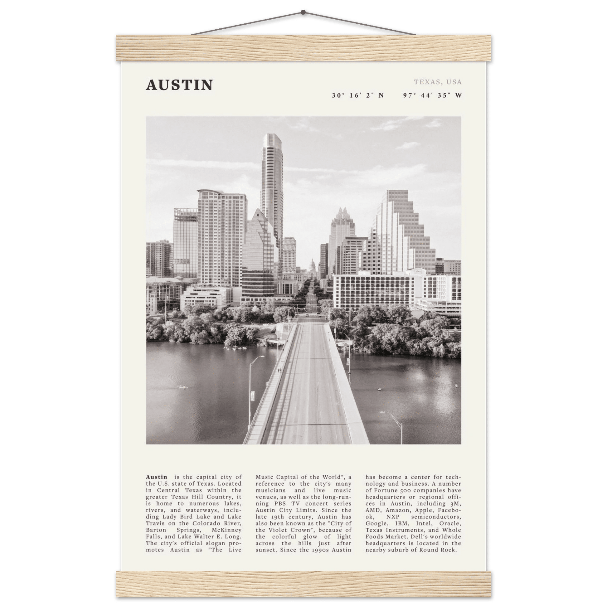 Austin Poster | Black & White Texas Skyline Wall Art | City Travel Print Decor - Evergreen Posters
