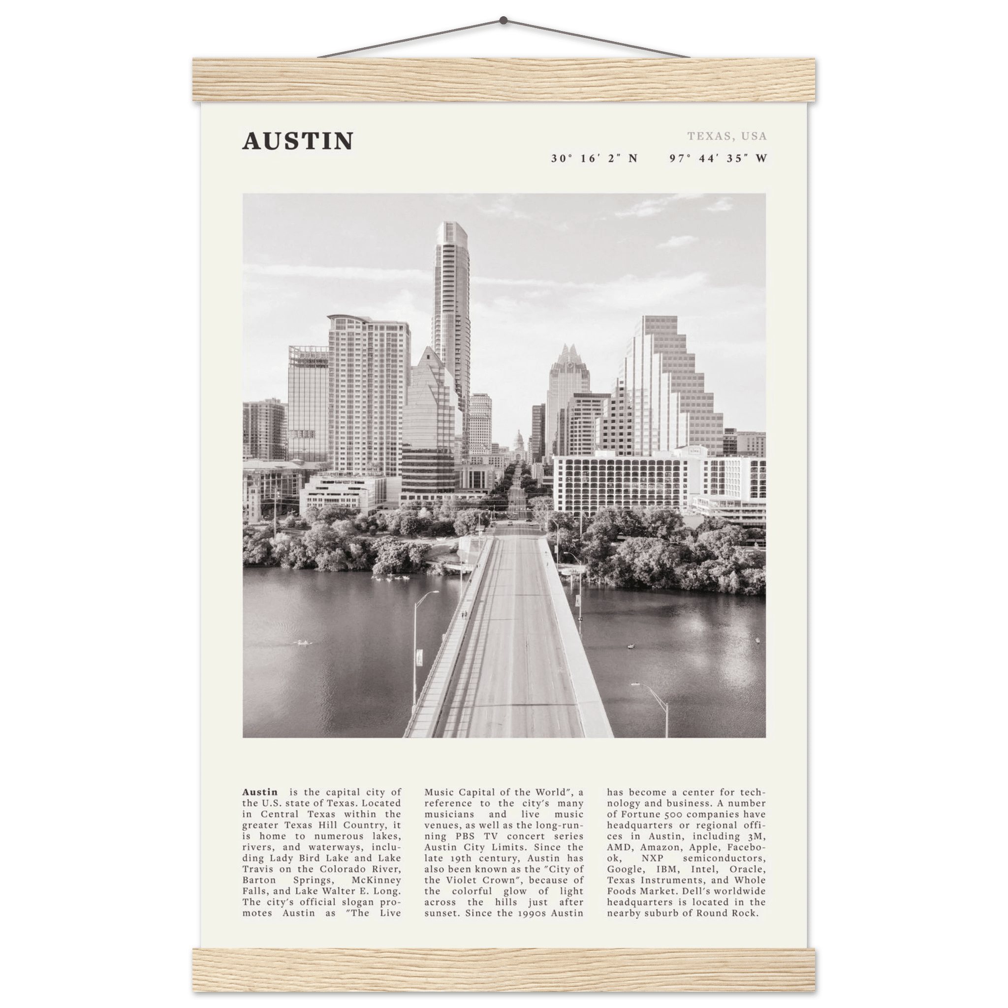 Austin Poster | Black & White Texas Skyline Wall Art | City Travel Print Decor - Evergreen Posters