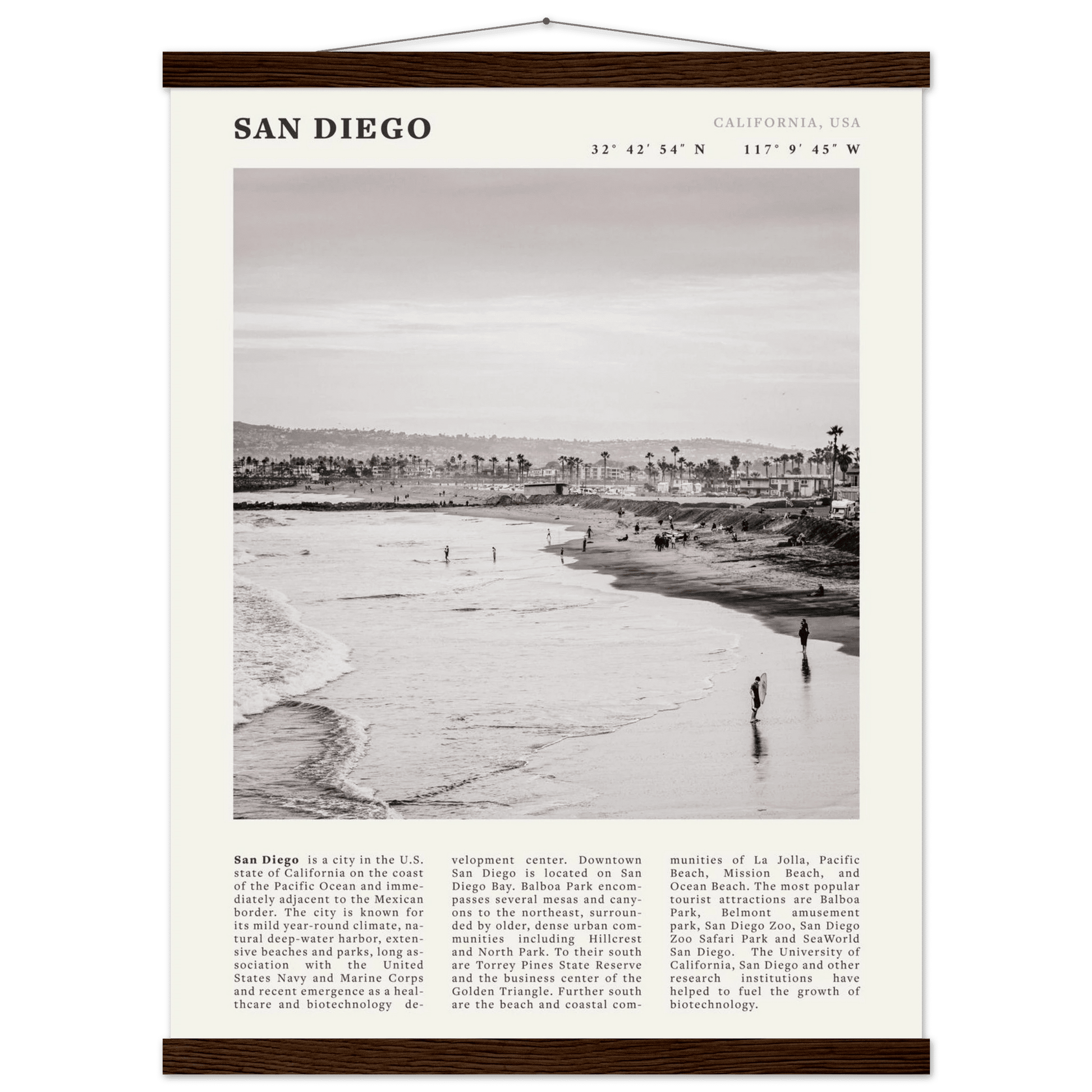 San Diego Poster | Black & White California Beach Wall Art | Coastal Travel Print Decor - Evergreen Posters
