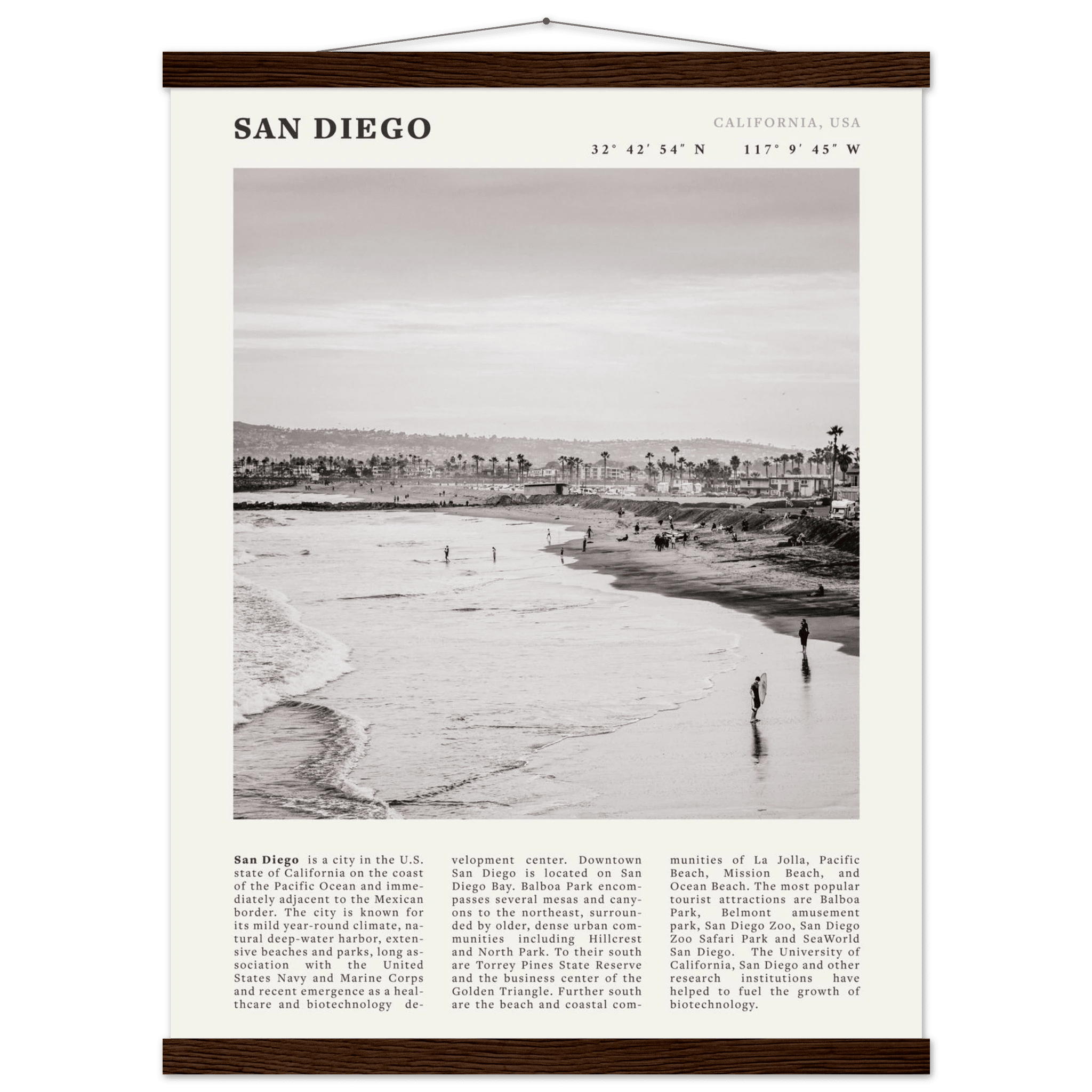 San Diego Poster | Black & White California Beach Wall Art | Coastal Travel Print Decor - Evergreen Posters