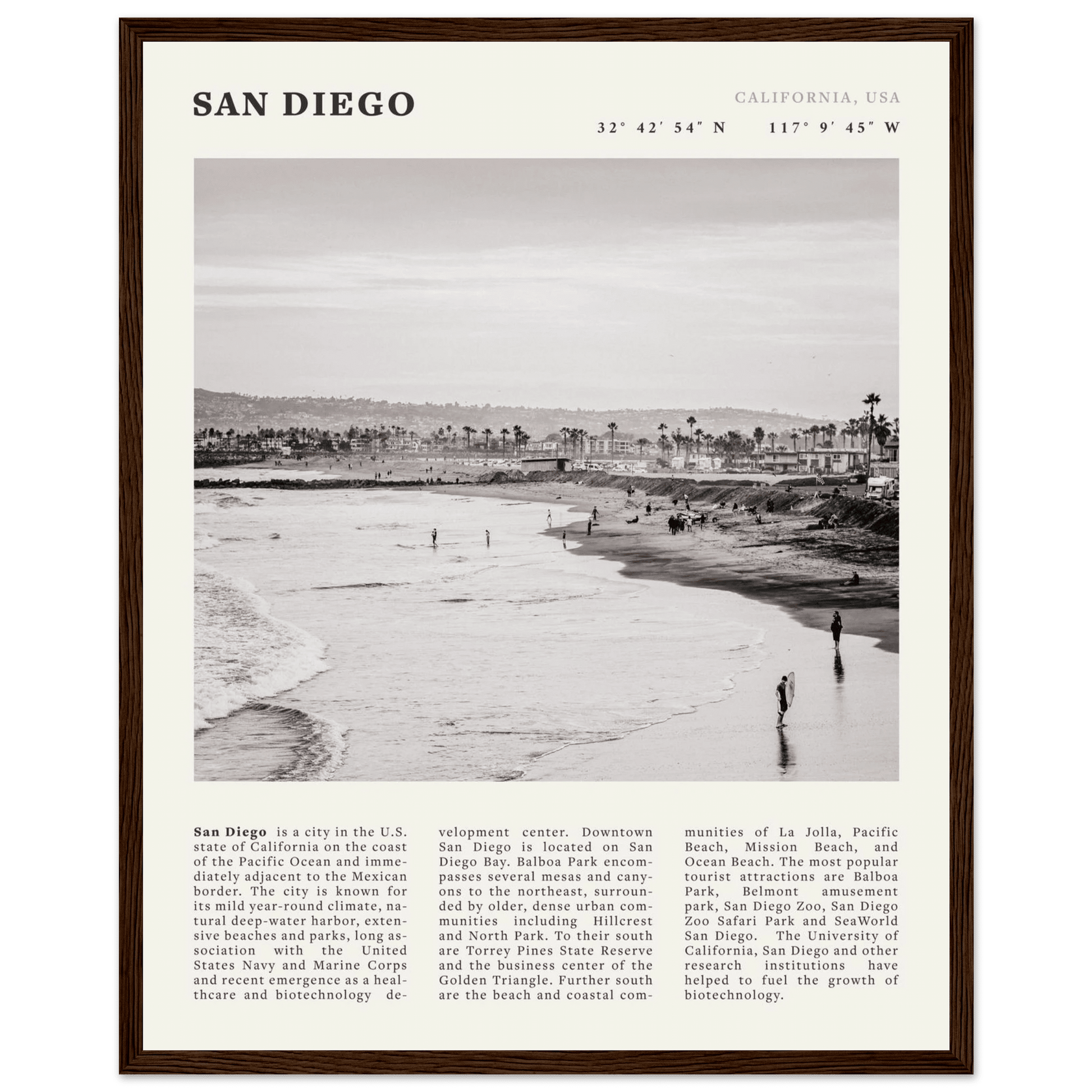 San Diego Poster | Black & White California Beach Wall Art | Coastal Travel Print Decor - Evergreen Posters