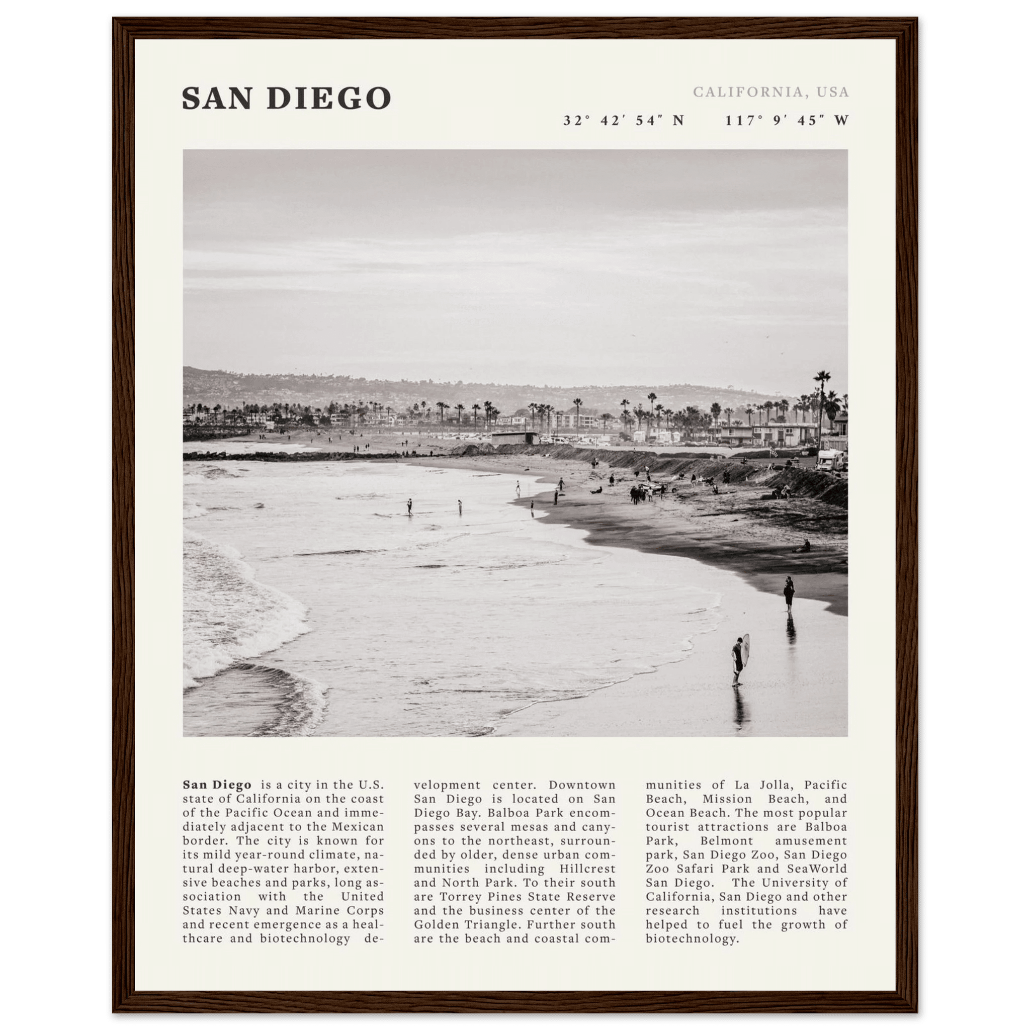 San Diego Poster | Black & White California Beach Wall Art | Coastal Travel Print Decor - Evergreen Posters
