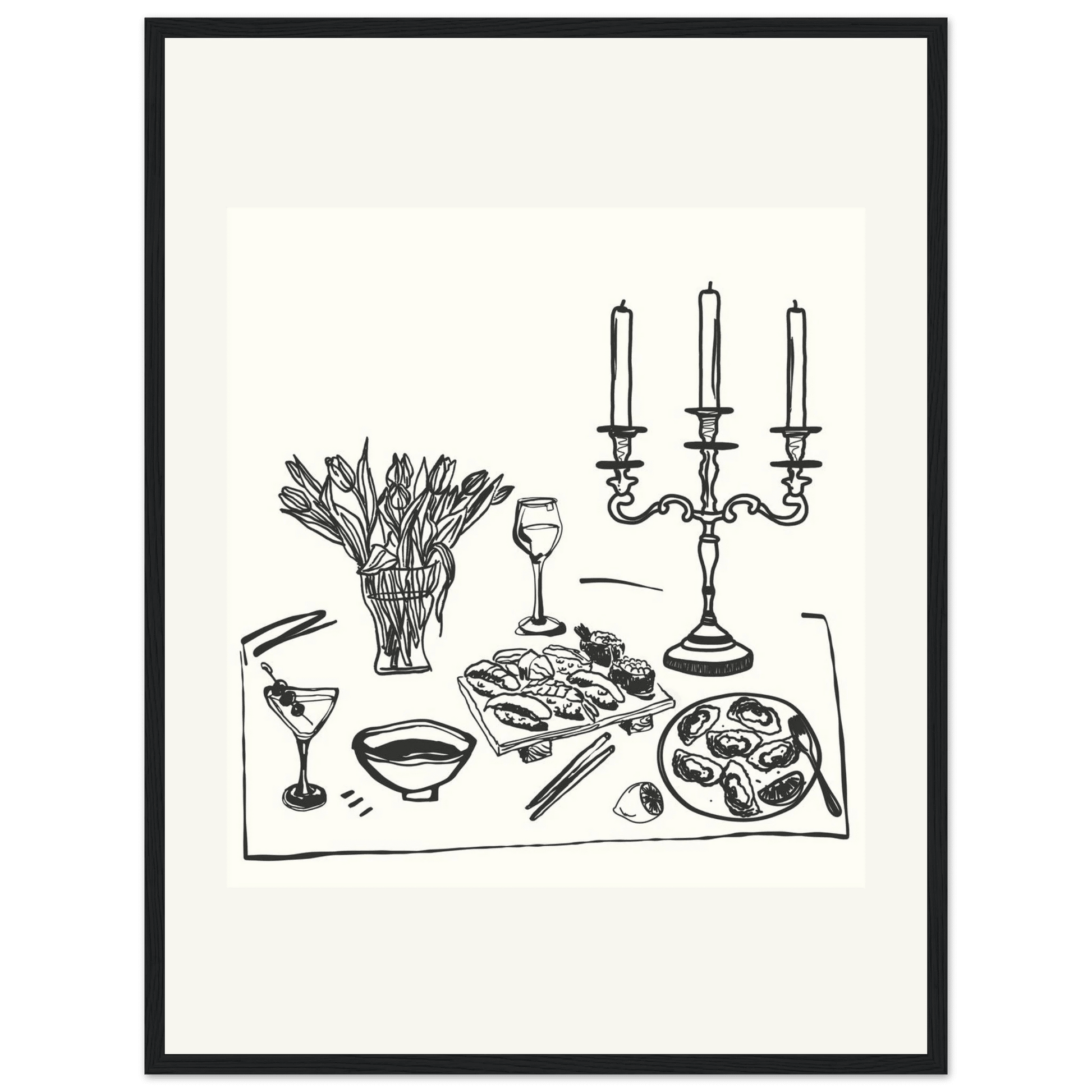Fine Dining Table Print | Black Line Art Kitchen Wall Art | Elegant Dining Room Poster - Evergreen Posters