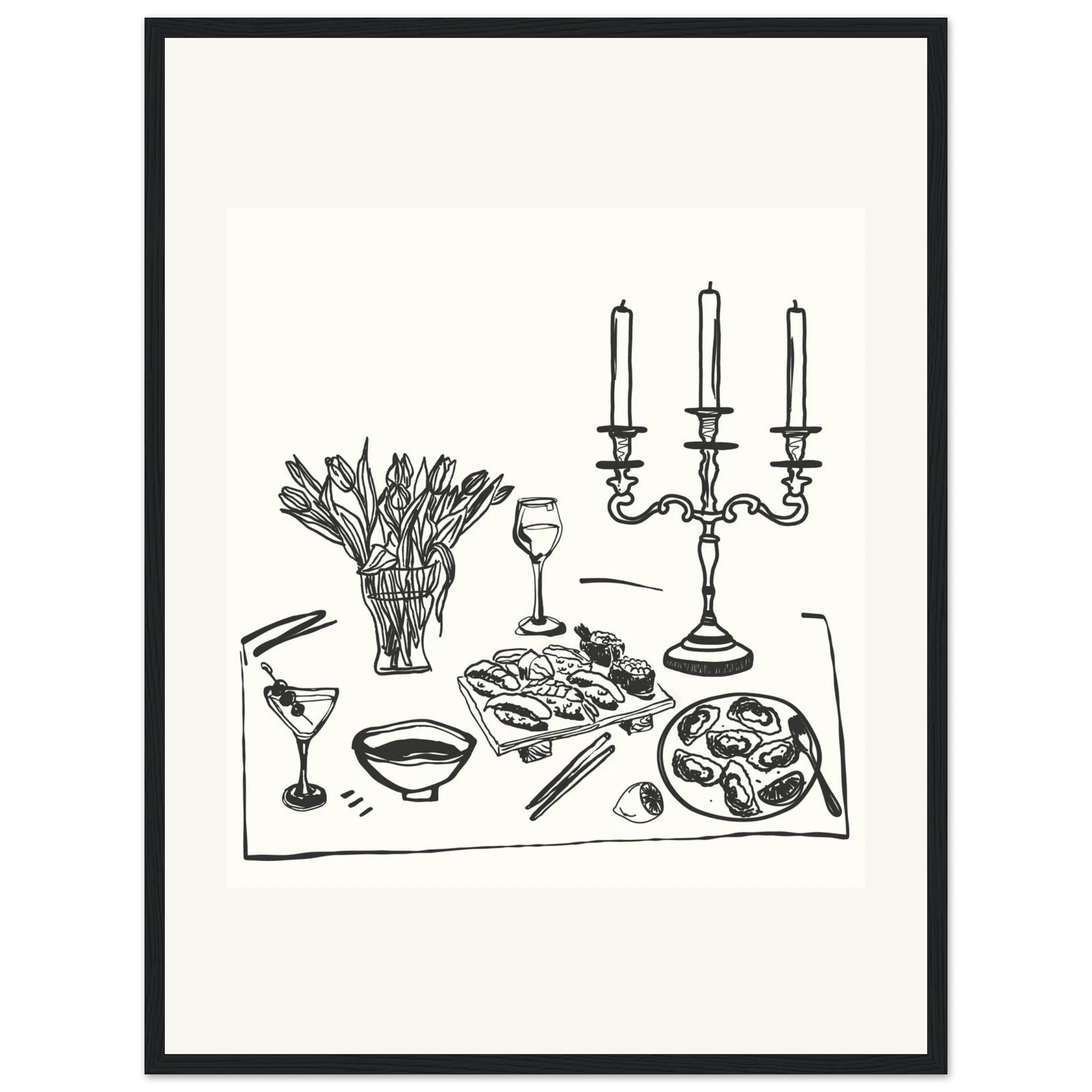 Fine Dining Table Print | Black Line Art Kitchen Wall Art | Elegant Dining Room Poster - Evergreen Posters