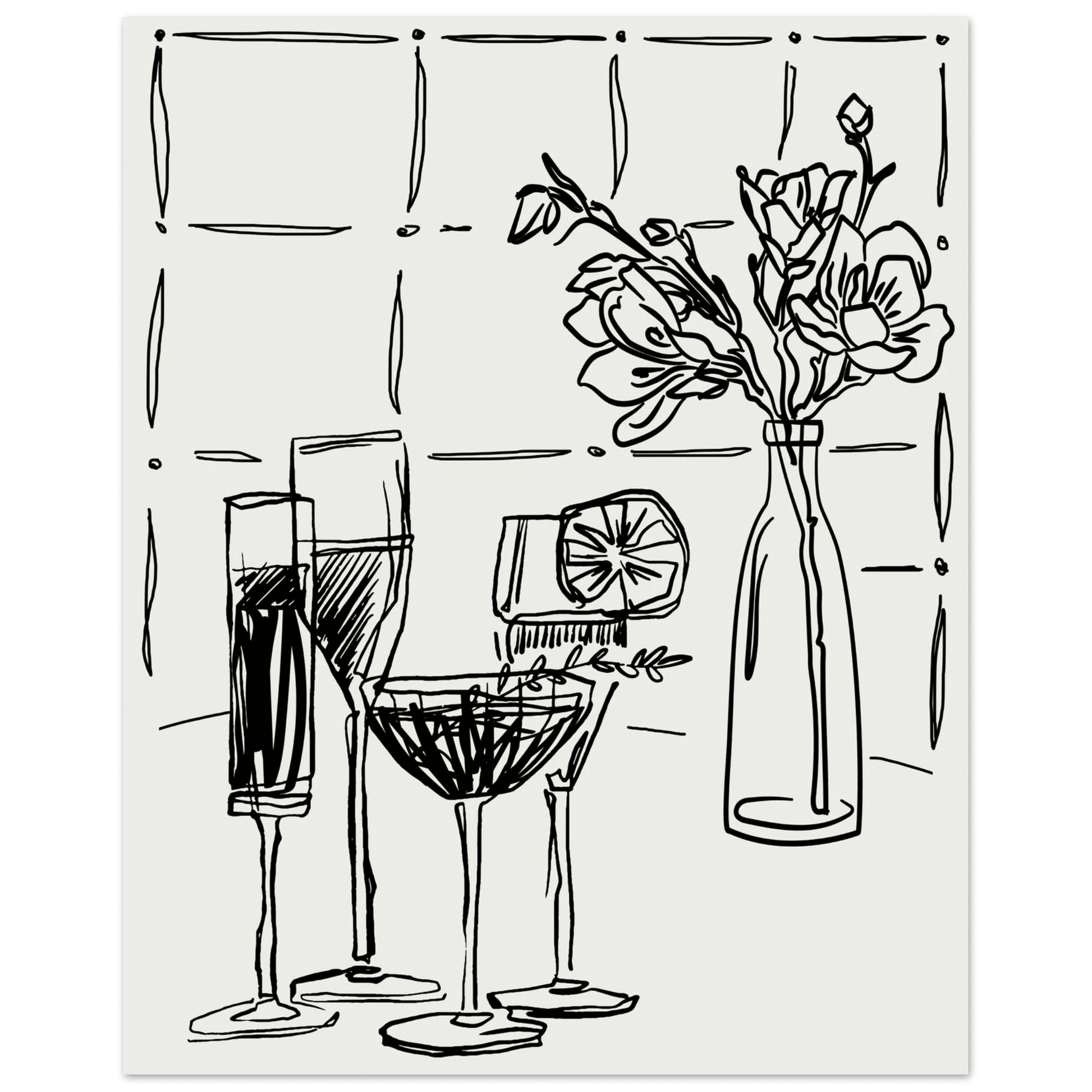 Cocktails & Flowers Print | Black Line Art Drinks Wall Art | Kitchen Bar Poster - Evergreen Posters