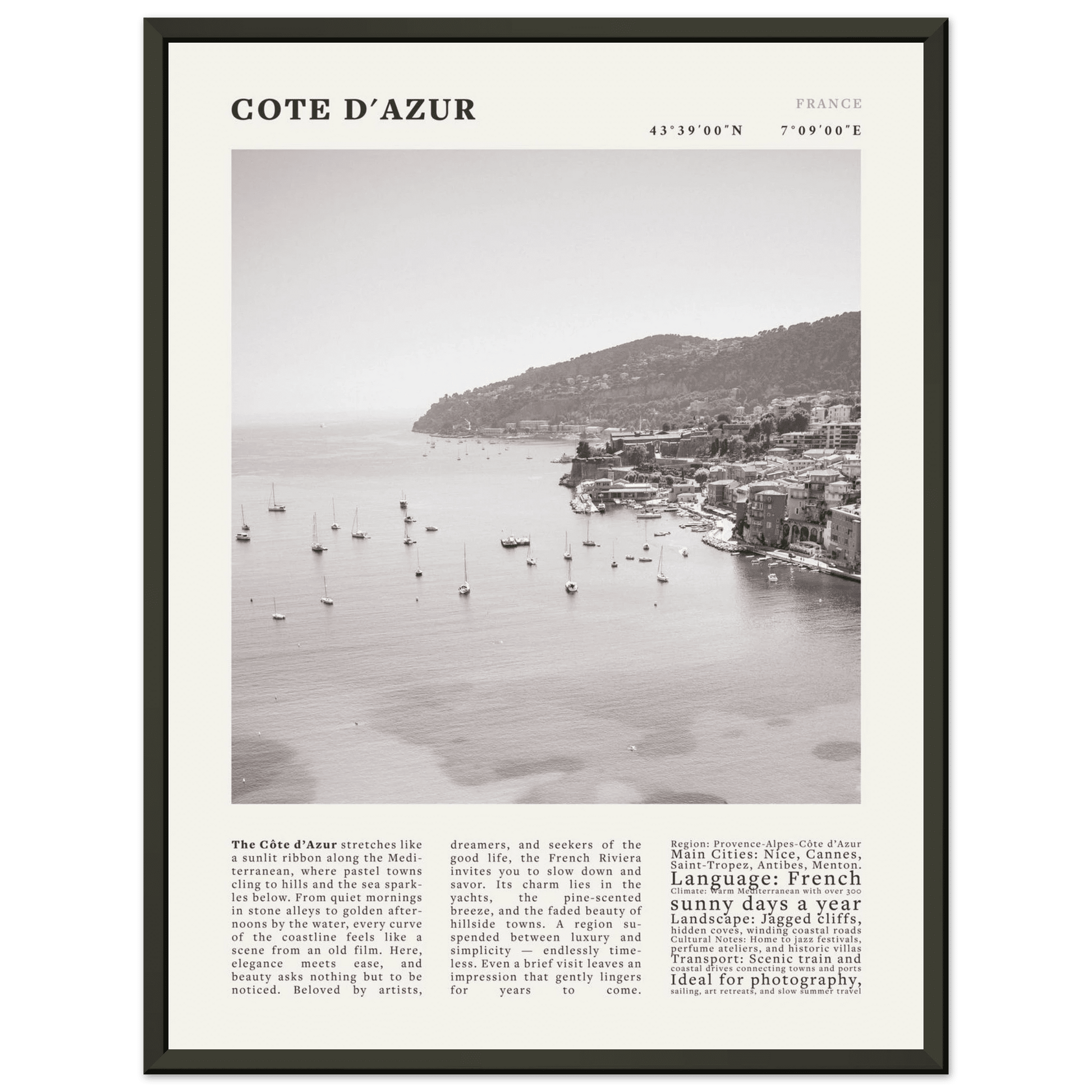 Côte d'Azur Poster Black and White – Vintage French Riviera Coast Print (Digital & Printed Options) - Evergreen Posters