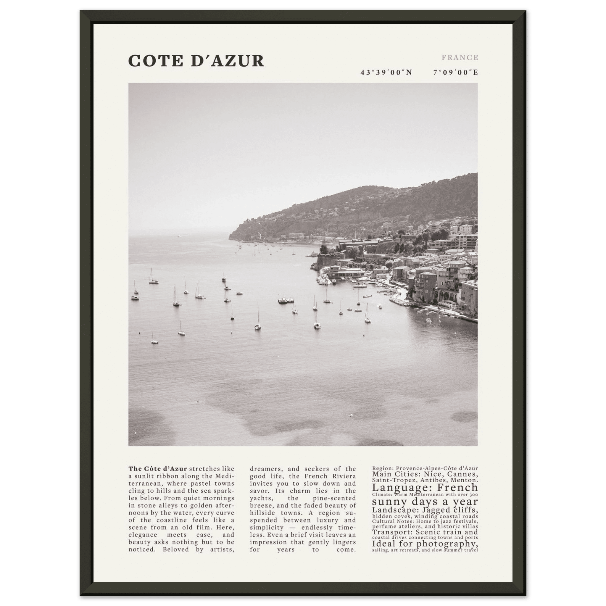 Côte d'Azur Poster Black and White – Vintage French Riviera Coast Print (Digital & Printed Options) - Evergreen Posters