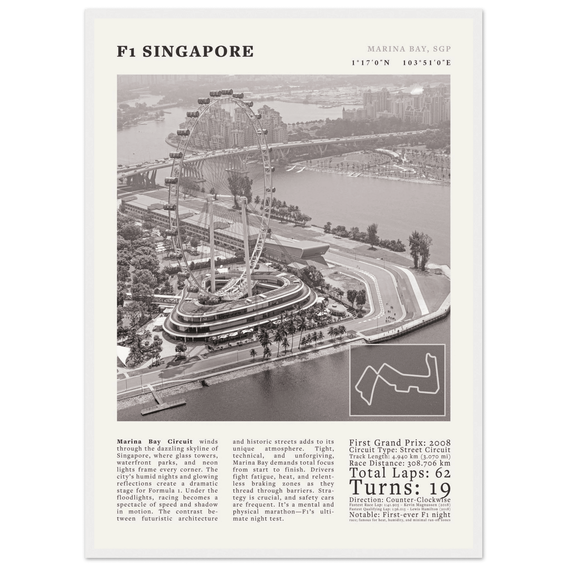 F1 Singapore Poster Black and White – Vintage Marina Bay Night Race Print (Digital & Printed Options) - Evergreen Posters