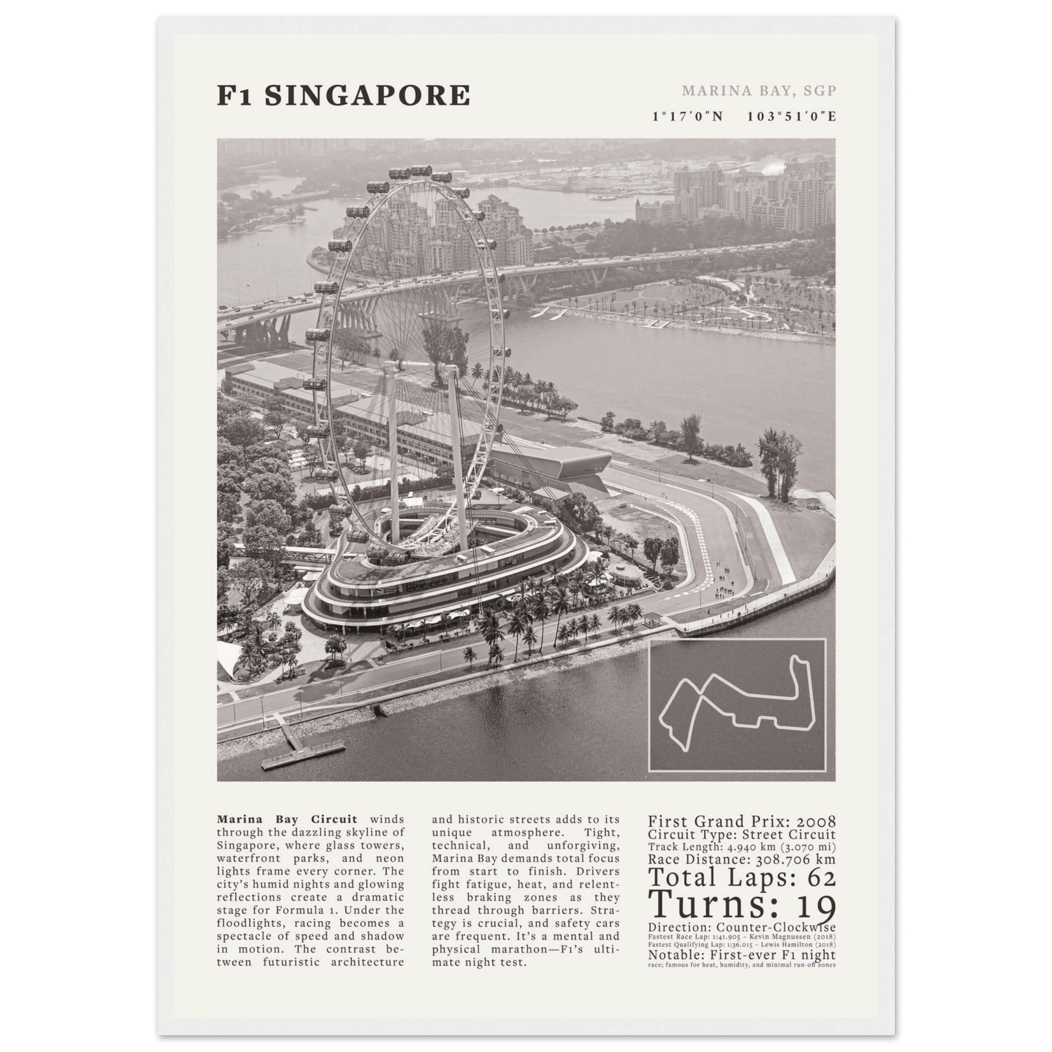 F1 Singapore Poster Black and White – Vintage Marina Bay Night Race Print (Digital & Printed Options) - Evergreen Posters