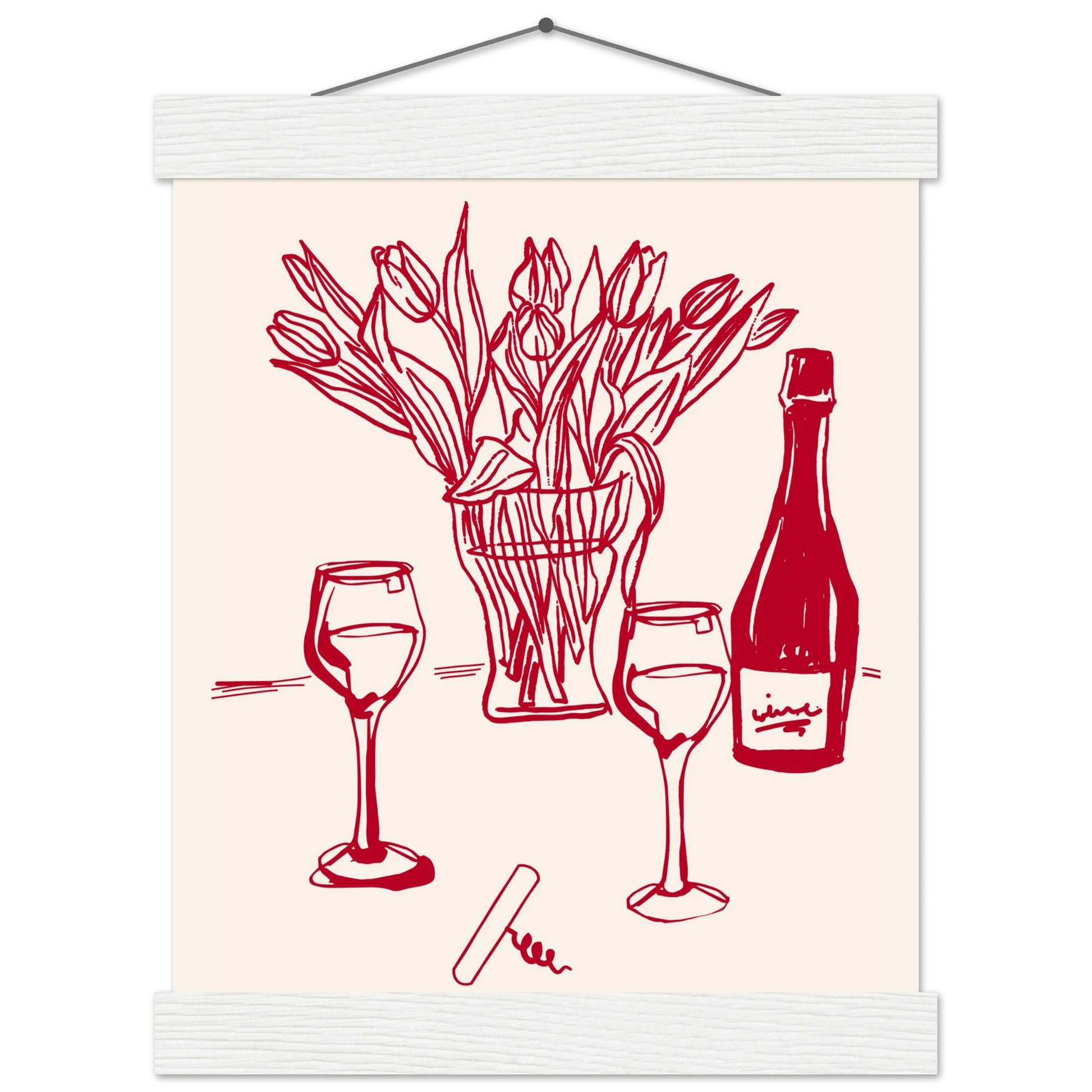 Red Wine & Tulips Print | Line Art Wine Bottle Wall Art | Kitchen Poster - Evergreen Posters