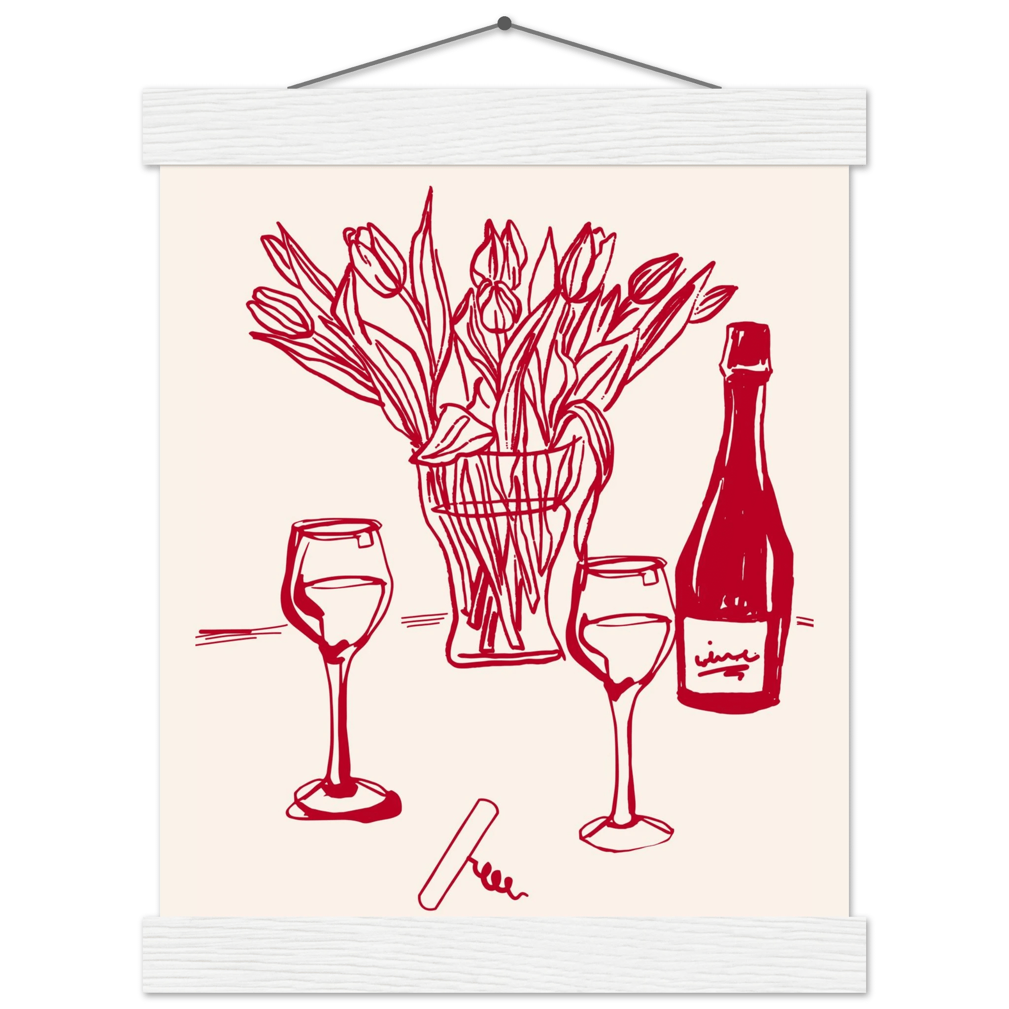 Red Wine & Tulips Print | Line Art Wine Bottle Wall Art | Kitchen Poster - Evergreen Posters
