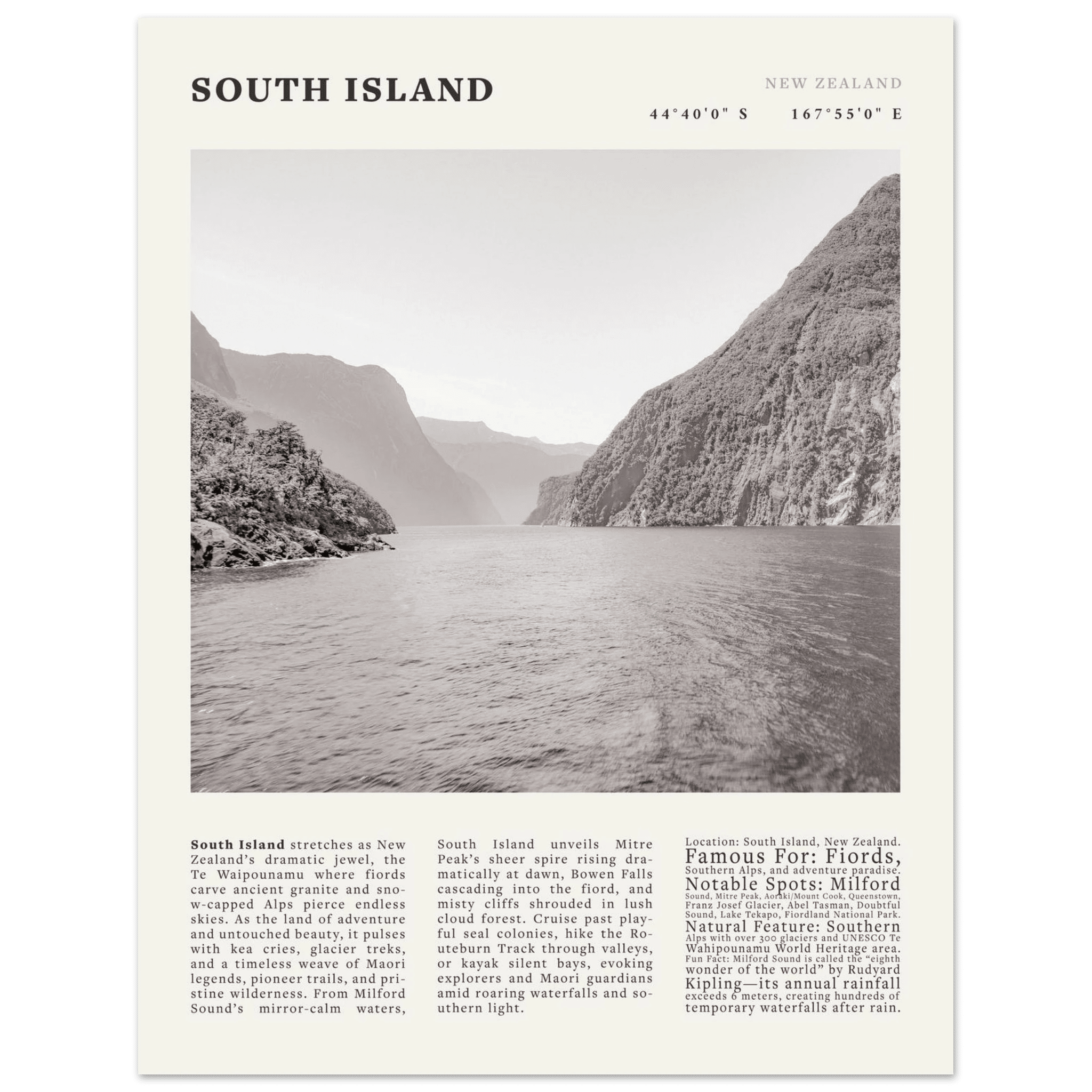South Island New Zealand Poster Black and White – Vintage Milford Sound Fjord Print - Evergreen Posters