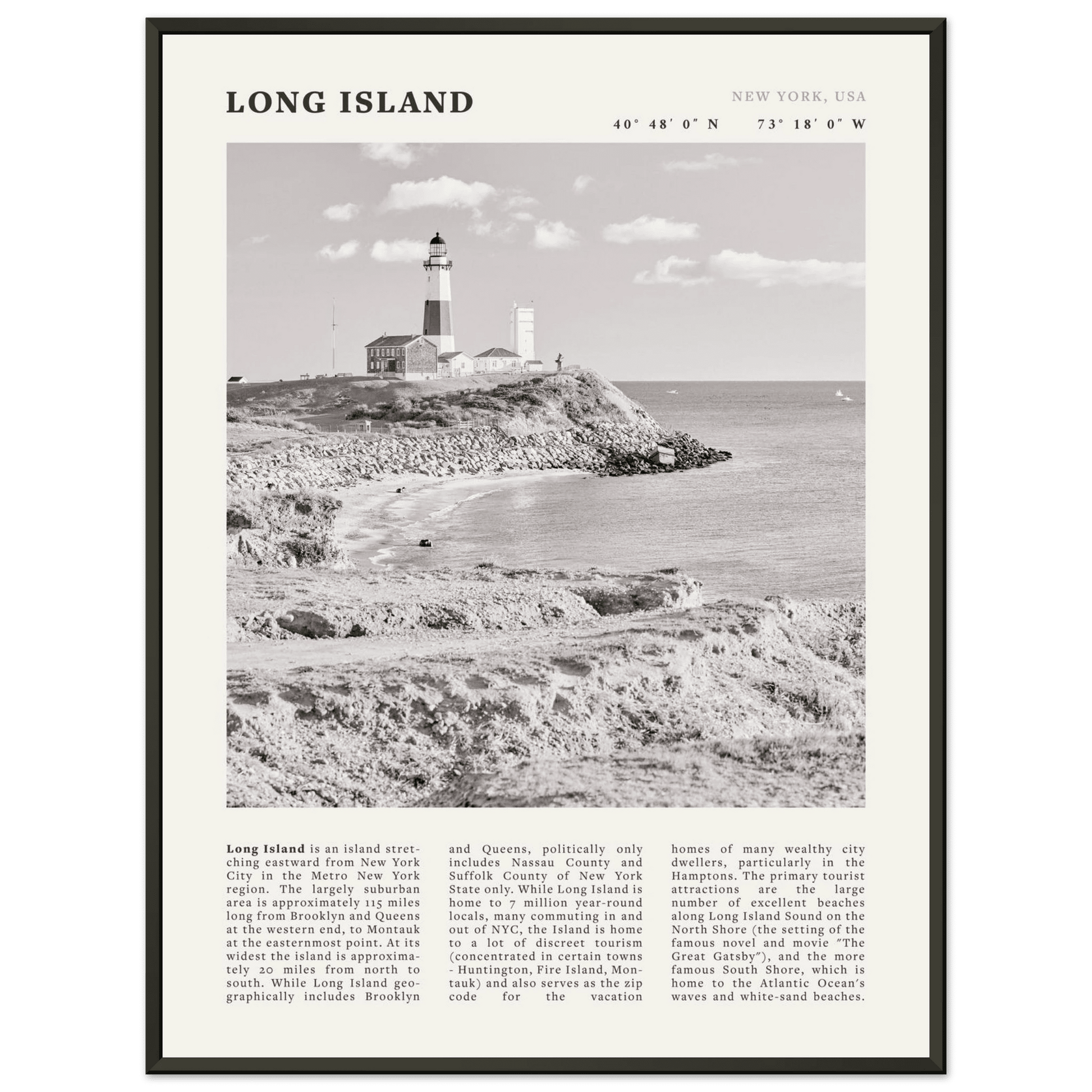 Long Island Poster | Black & White Montauk Lighthouse Wall Art | New York Print - Evergreen Posters