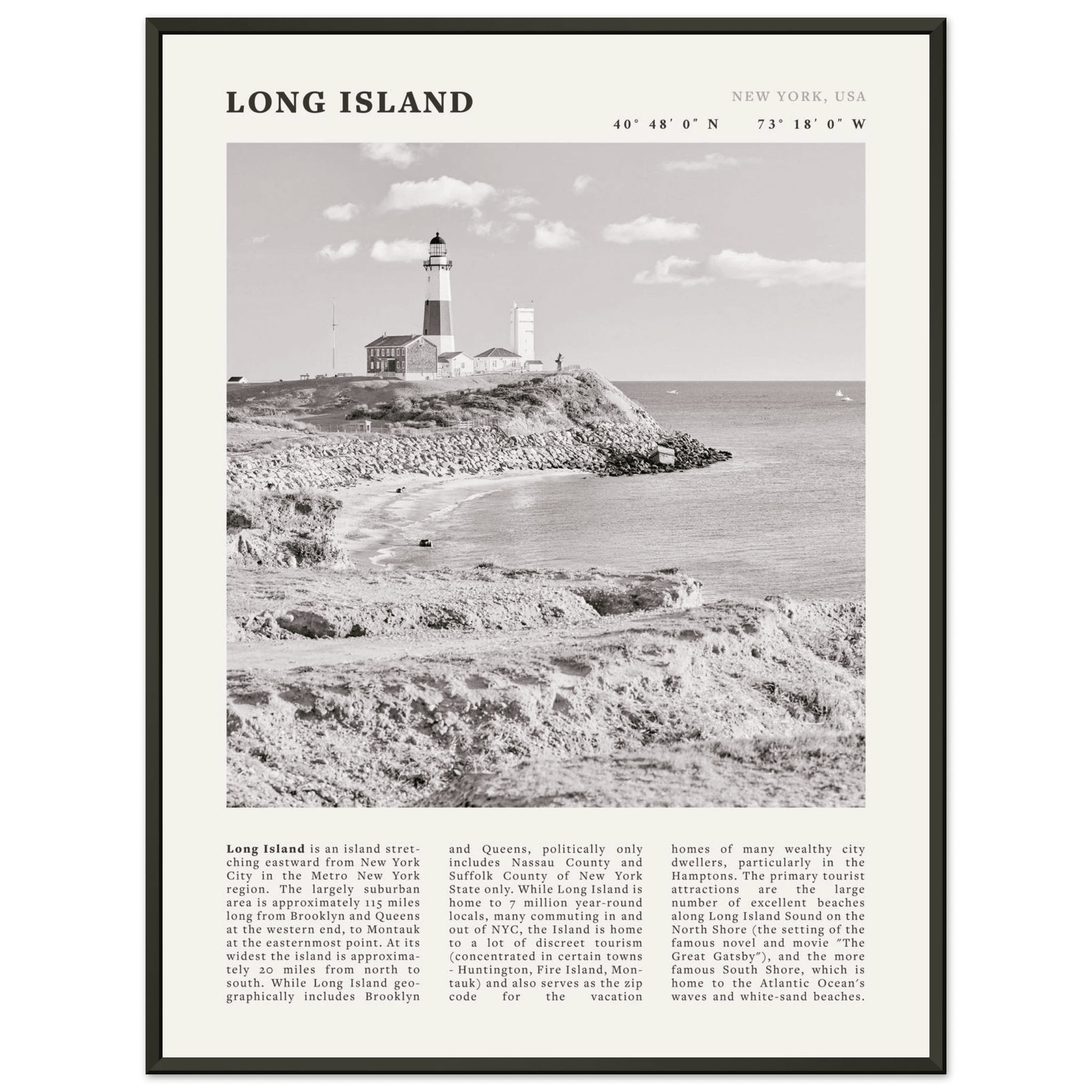 Long Island Poster | Black & White Montauk Lighthouse Wall Art | New York Print - Evergreen Posters
