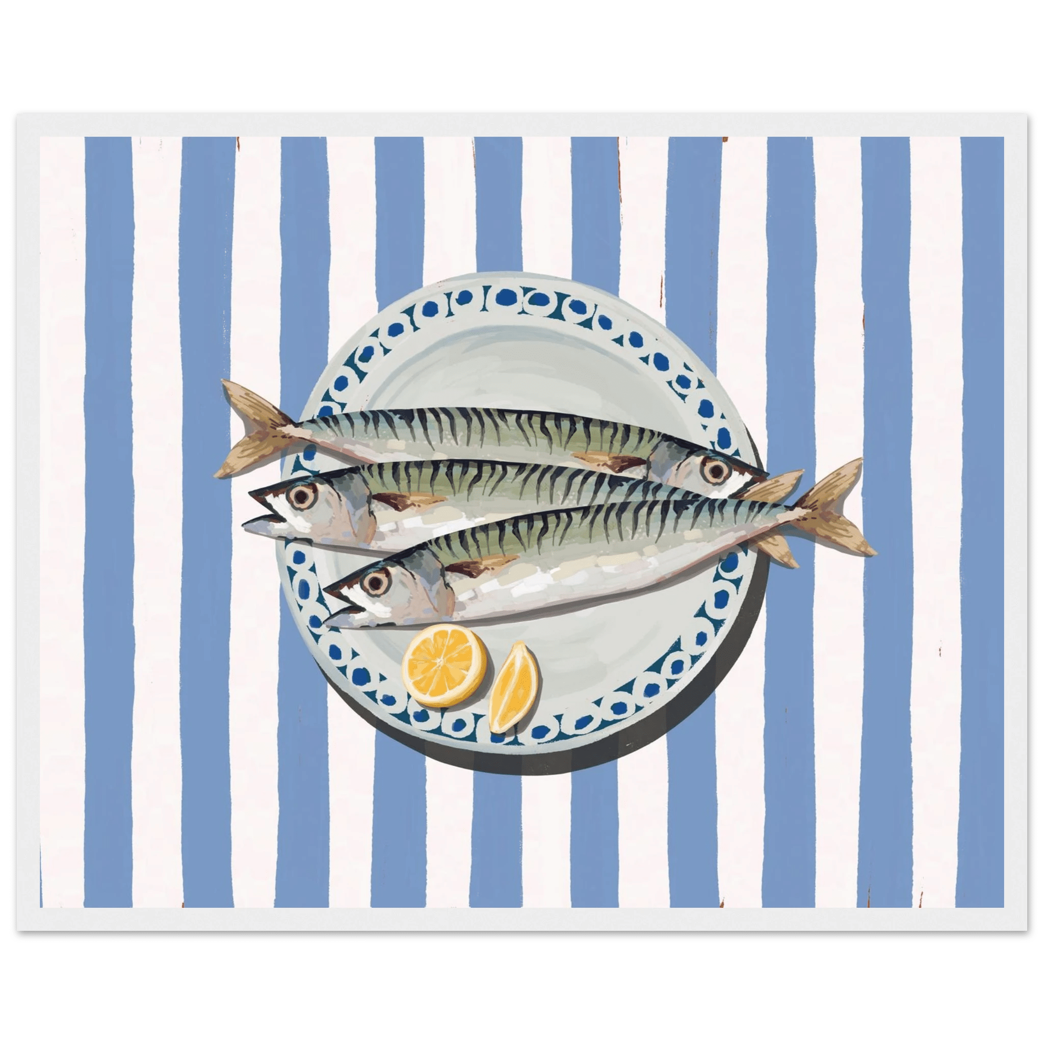 Sardines Print | Blue Stripe Fish Kitchen Wall Art | Coastal Food Poster - Evergreen Posters