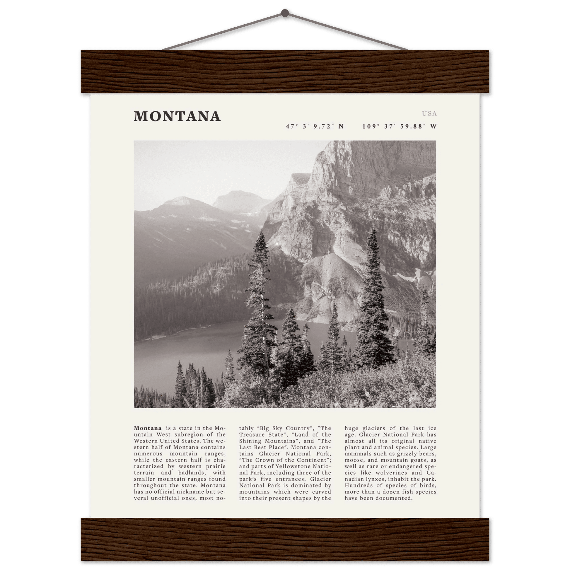 Montana Poster | Black & White Glacier National Park Wall Art | Nature Travel Print - Evergreen Posters