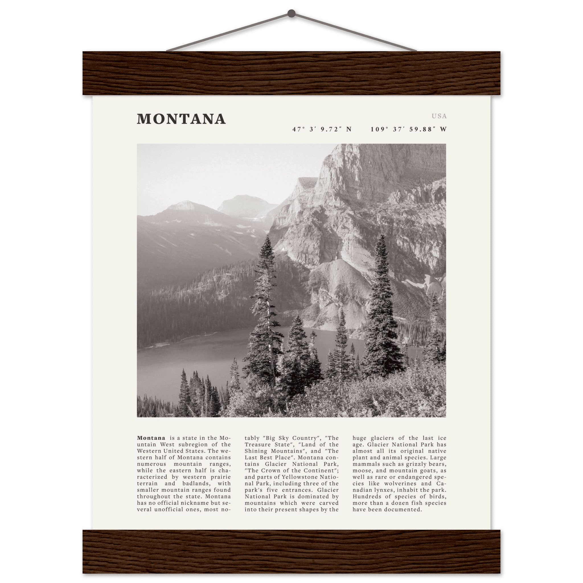 Montana Poster | Black & White Glacier National Park Wall Art | Nature Travel Print - Evergreen Posters
