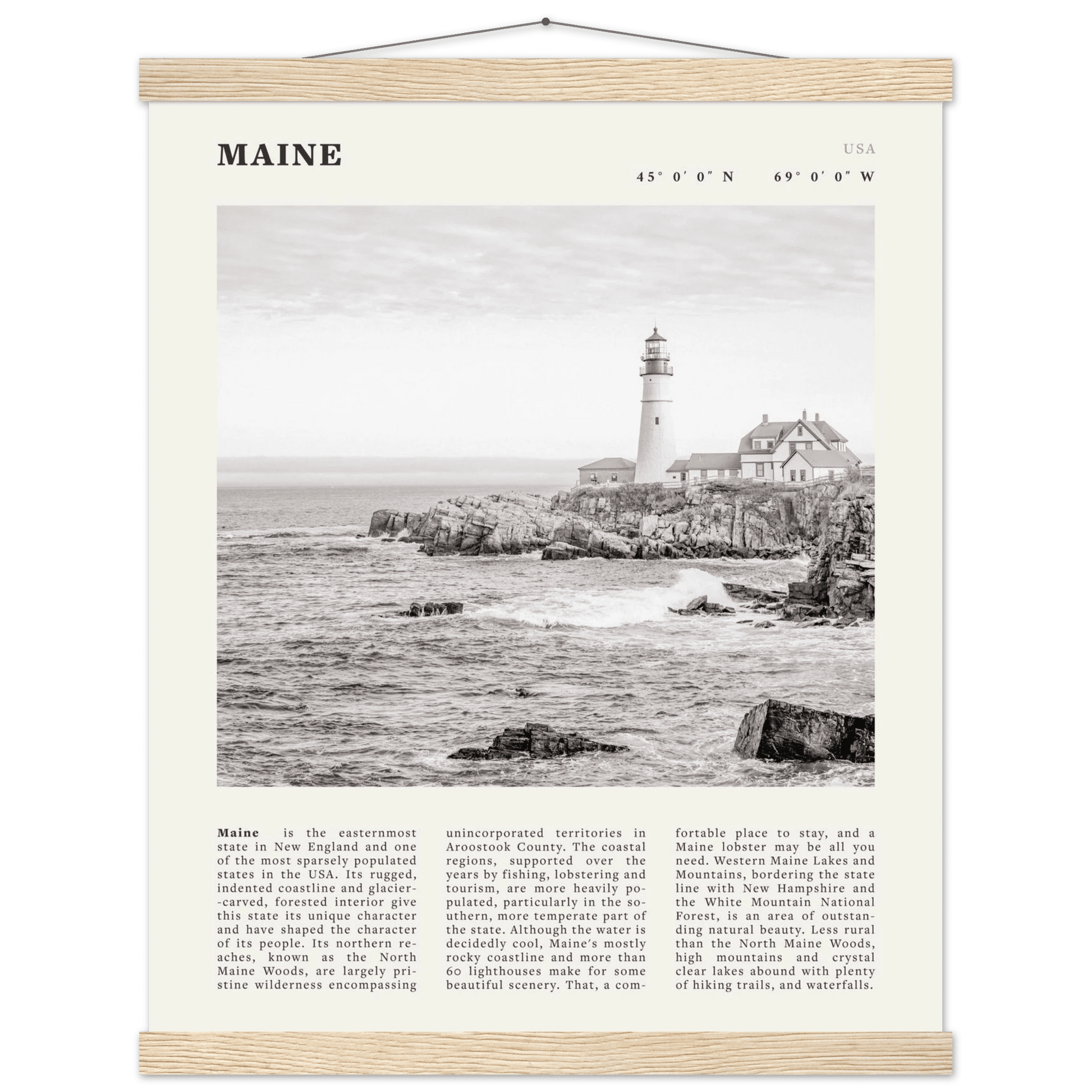 Maine Poster | Black & White Lighthouse Wall Art | New England Coastal Travel Print - Evergreen Posters