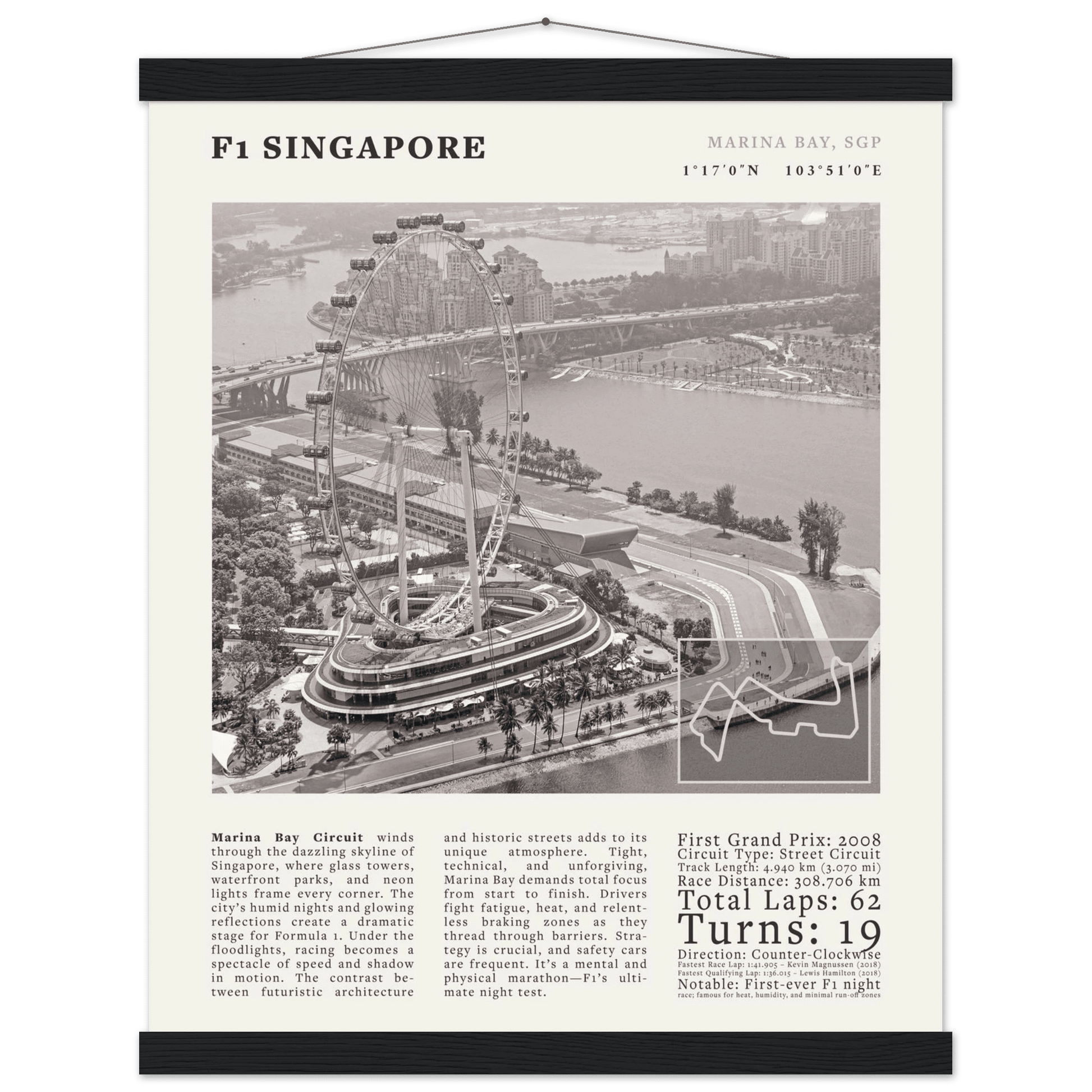 F1 Singapore Poster Black and White – Vintage Marina Bay Night Race Print (Digital & Printed Options) - Evergreen Posters