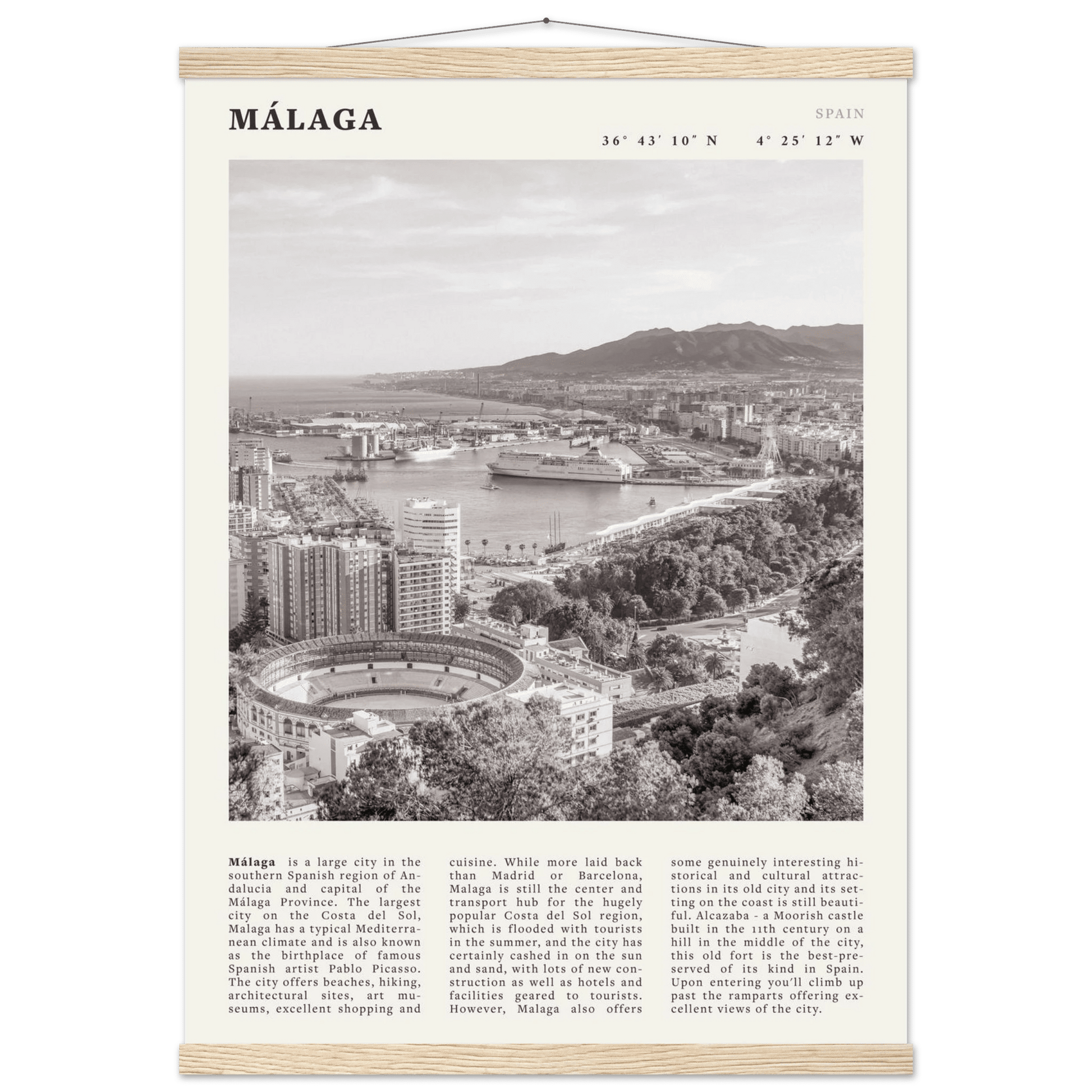 Málaga Poster | Black & White Costa del Sol Wall Art | Spain Travel Print - Evergreen Posters