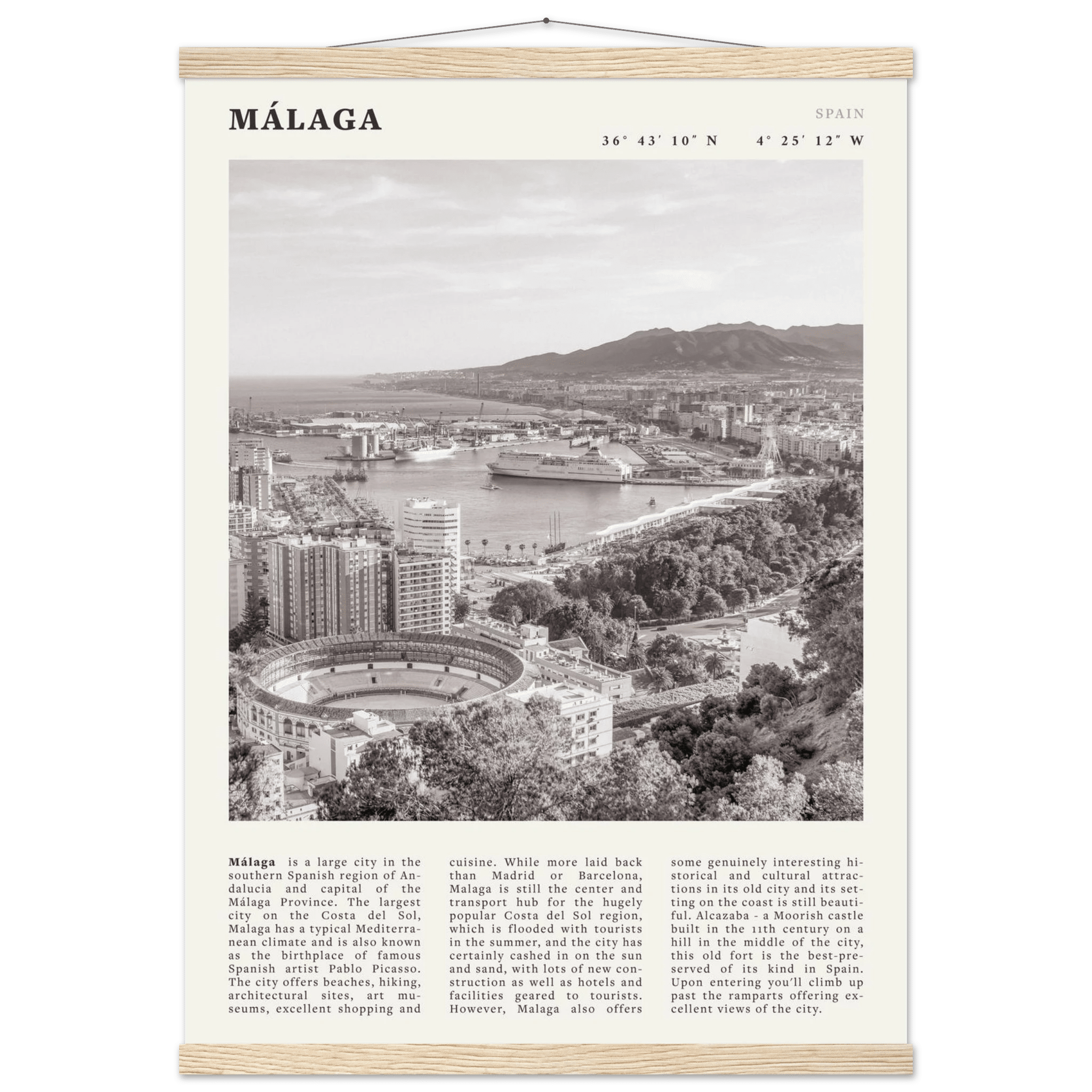 Málaga Poster | Black & White Costa del Sol Wall Art | Spain Travel Print - Evergreen Posters