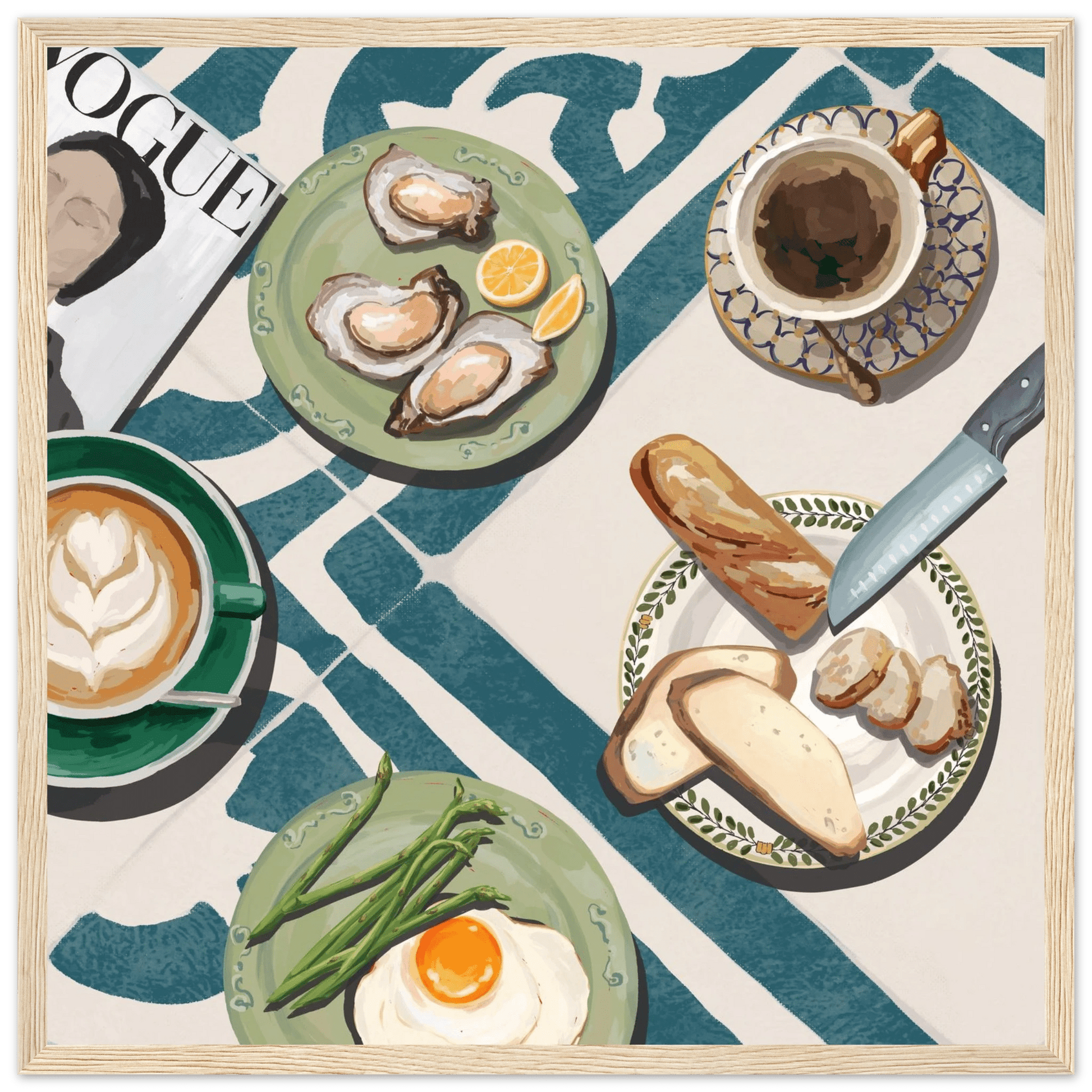 Oysters & Vogue Brunch Poster | Luxury Kitchen Wall Art | Blue Tile Square Print - Evergreen Posters - 13
