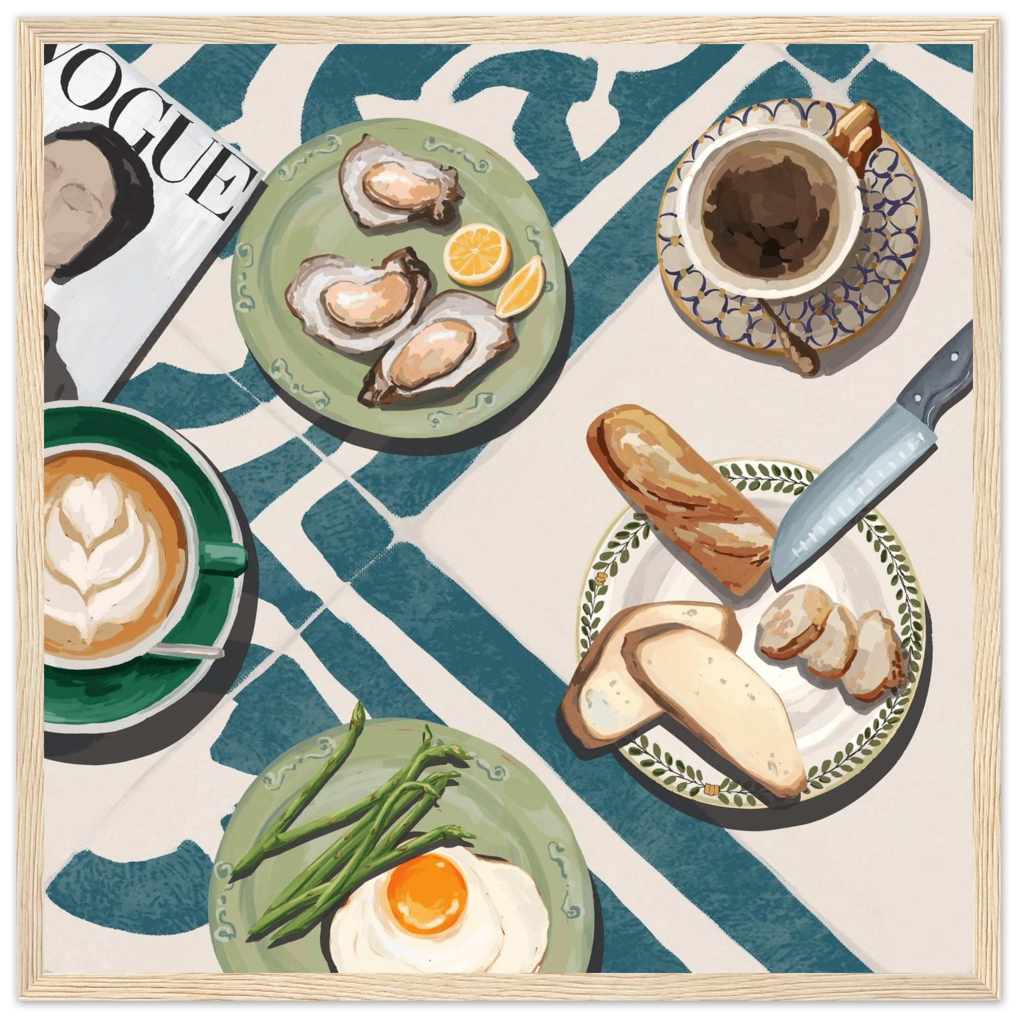 Oysters & Vogue Brunch Poster | Luxury Kitchen Wall Art | Blue Tile Square Print - Evergreen Posters - 13