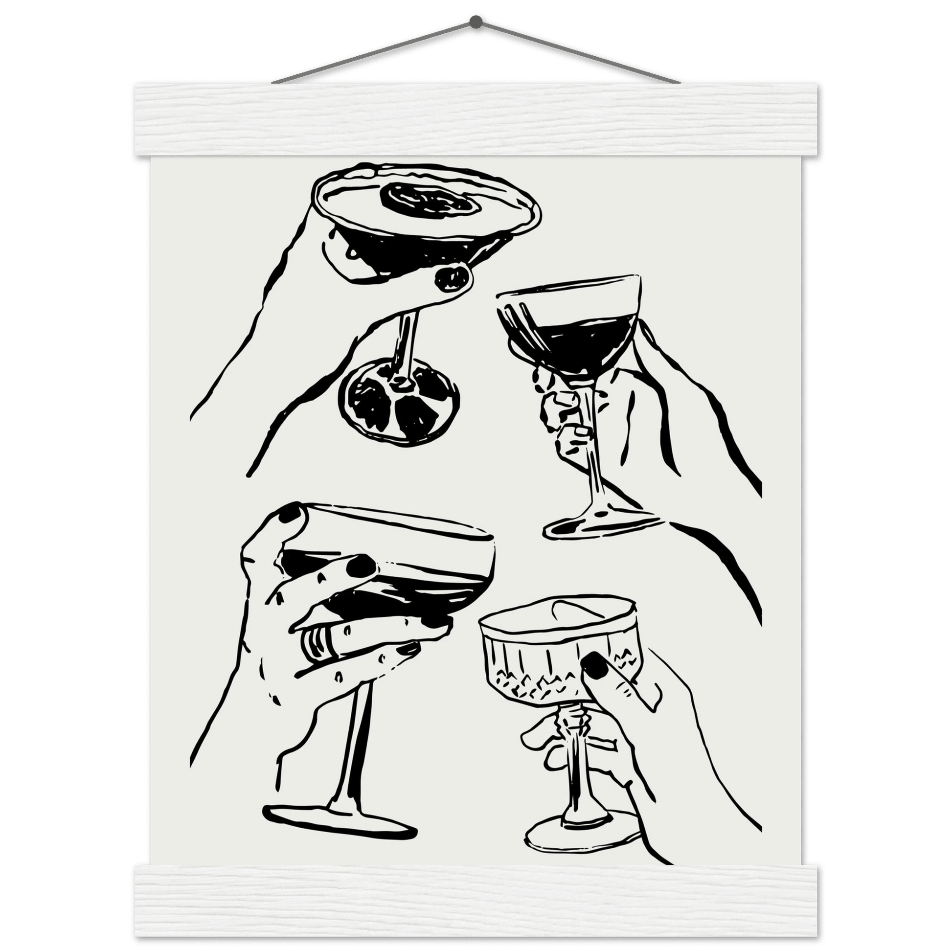 Cheers Print | Black Line Art Cocktail Glasses Wall Art | Kitchen Bar Poster - Evergreen Posters
