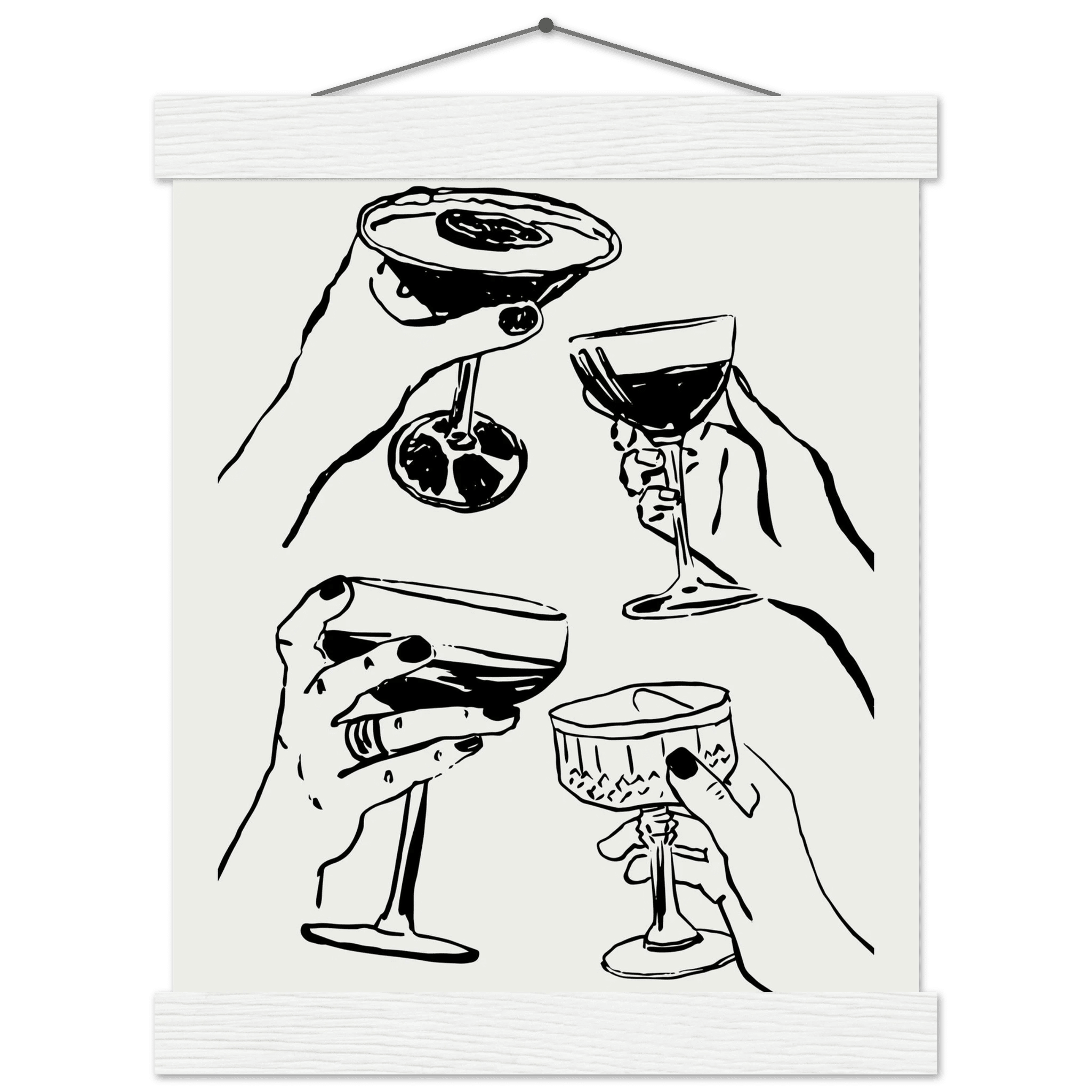 Cheers Print | Black Line Art Cocktail Glasses Wall Art | Kitchen Bar Poster - Evergreen Posters